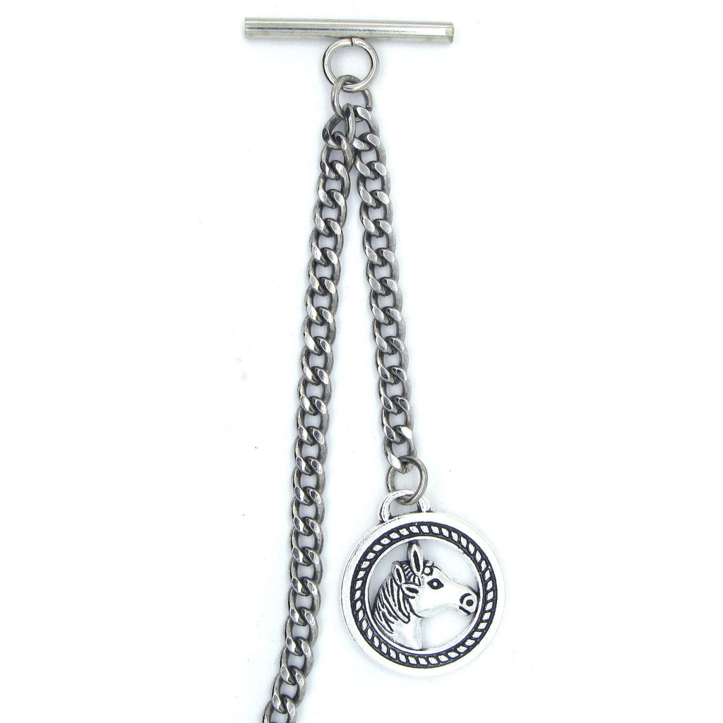 Albert Chain Silver Color Pocket Watch Chains Vest Chain for Men with Horse Design Fob T Bar AC56