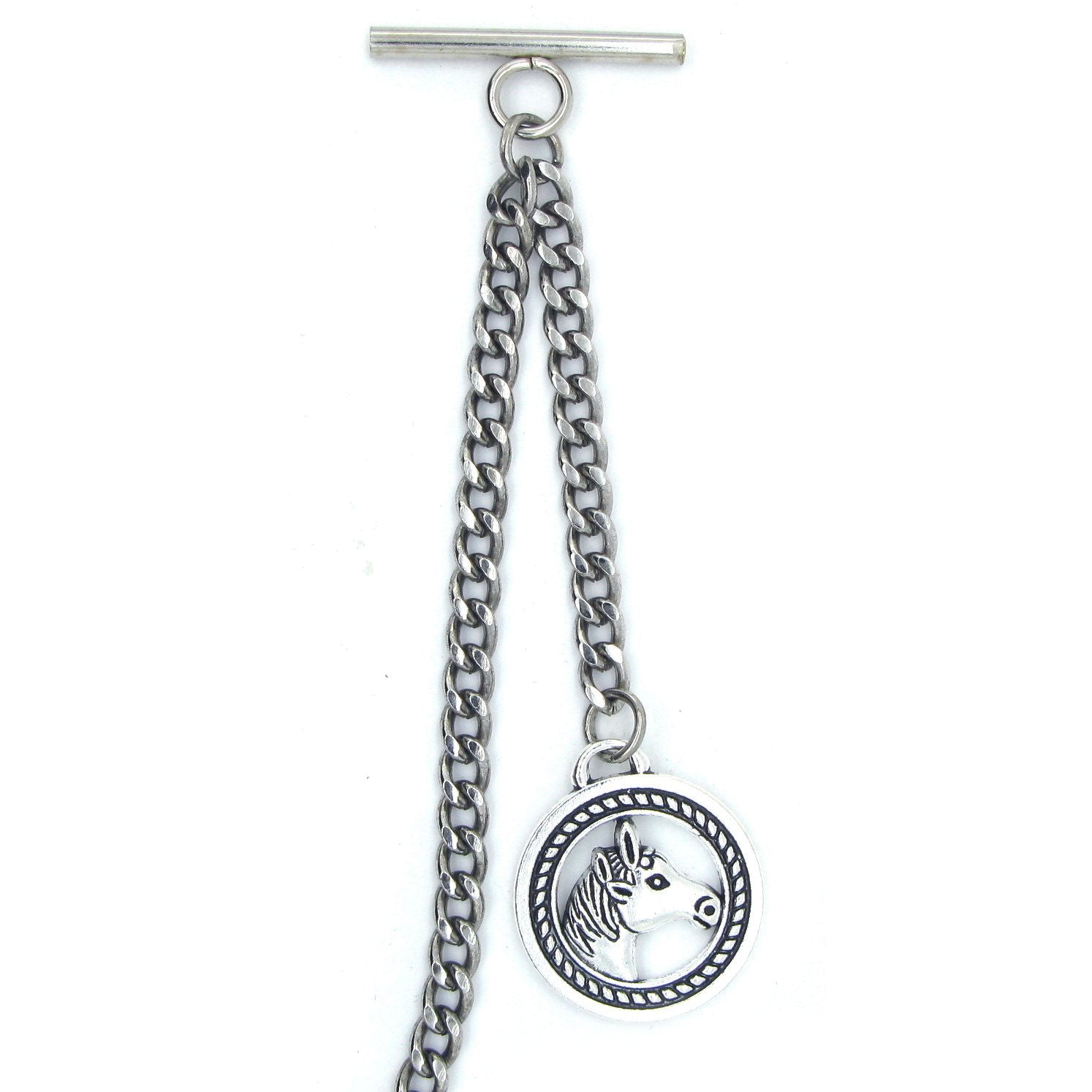 Albert Chain Silver Color Pocket Watch Chains Vest Chain for Men with Horse Design Fob T Bar AC56