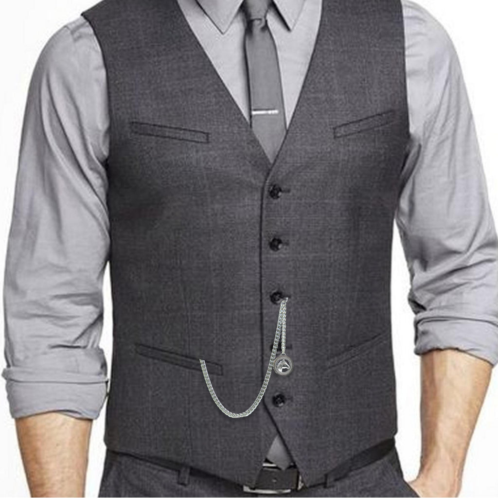 Albert Chain Silver Color Pocket Watch Chains Vest Chain for Men with Horse Design Fob T Bar AC56