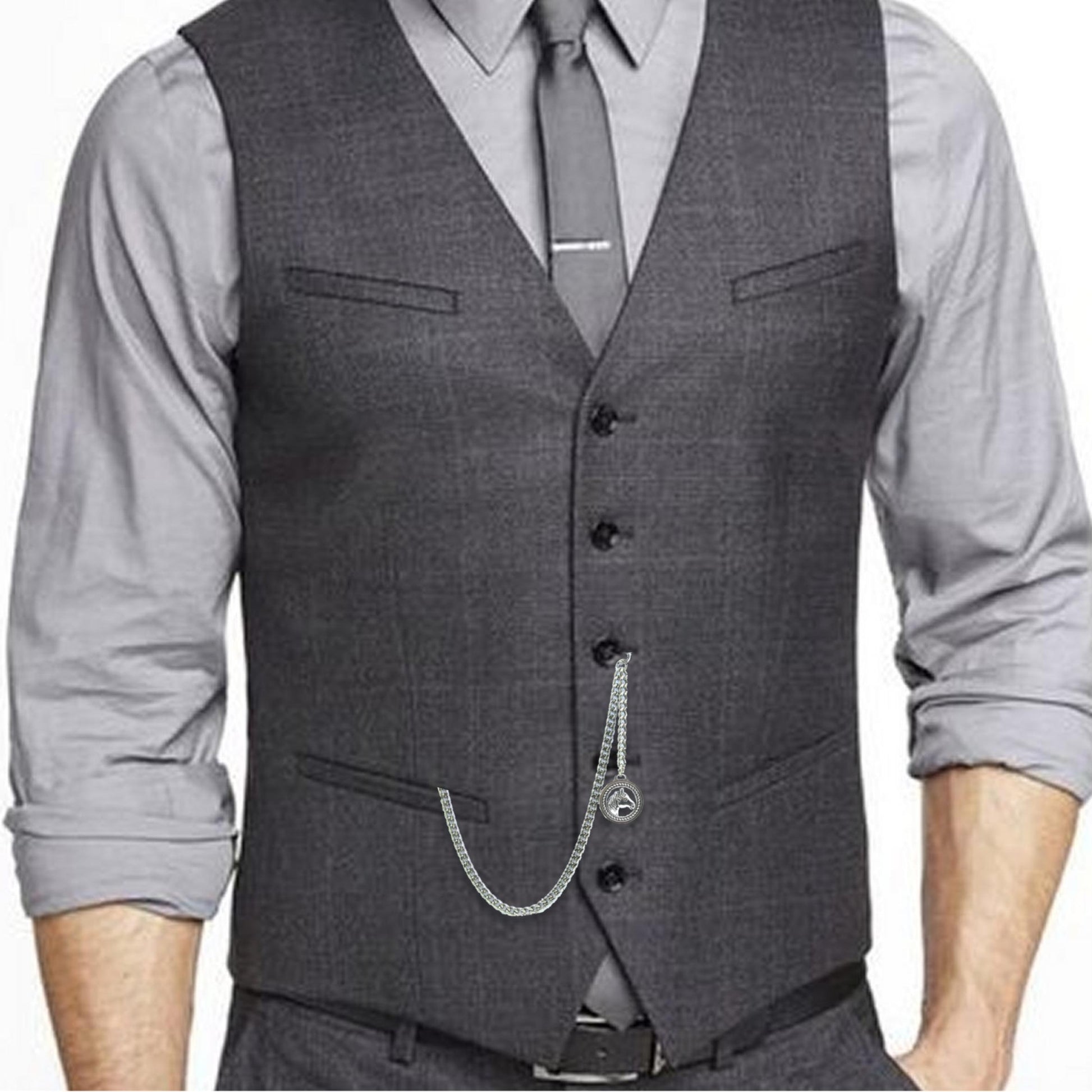 Albert Chain Silver Color Pocket Watch Chains Vest Chain for Men with Horse Design Fob T Bar AC56
