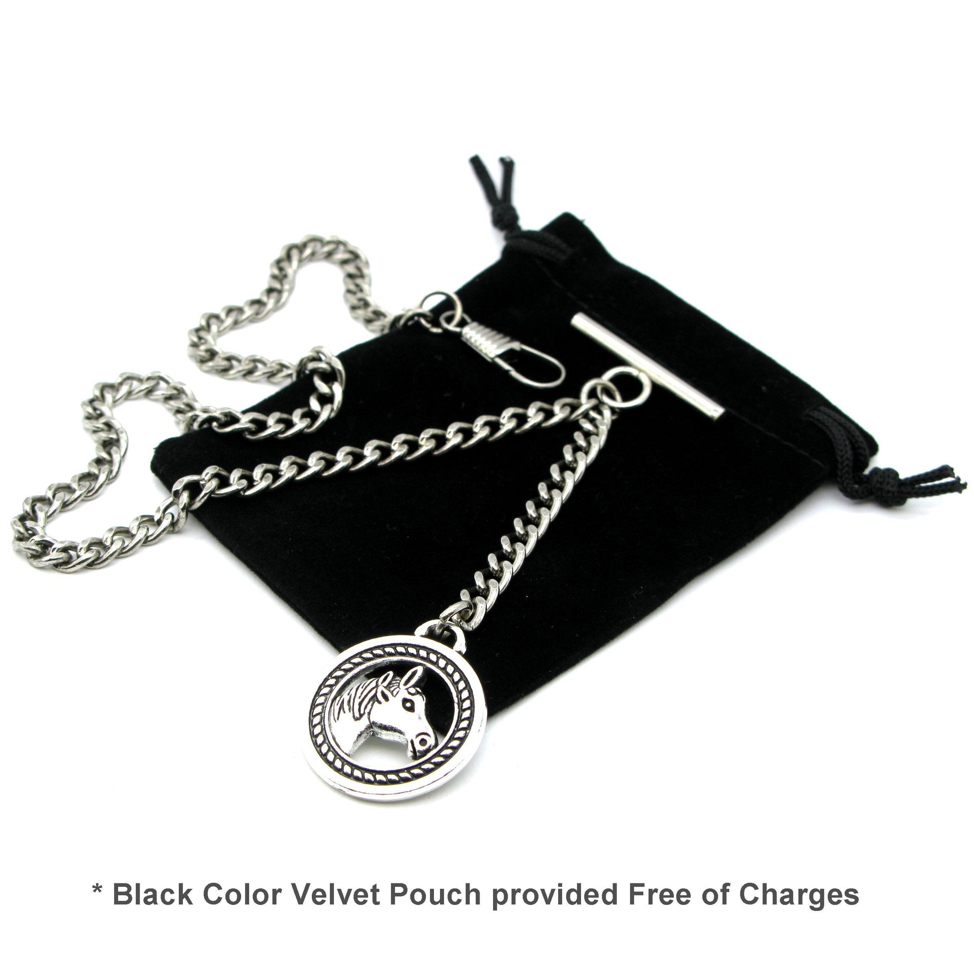 Albert Chain Silver Color Pocket Watch Chains Vest Chain for Men with Horse Design Fob T Bar AC56