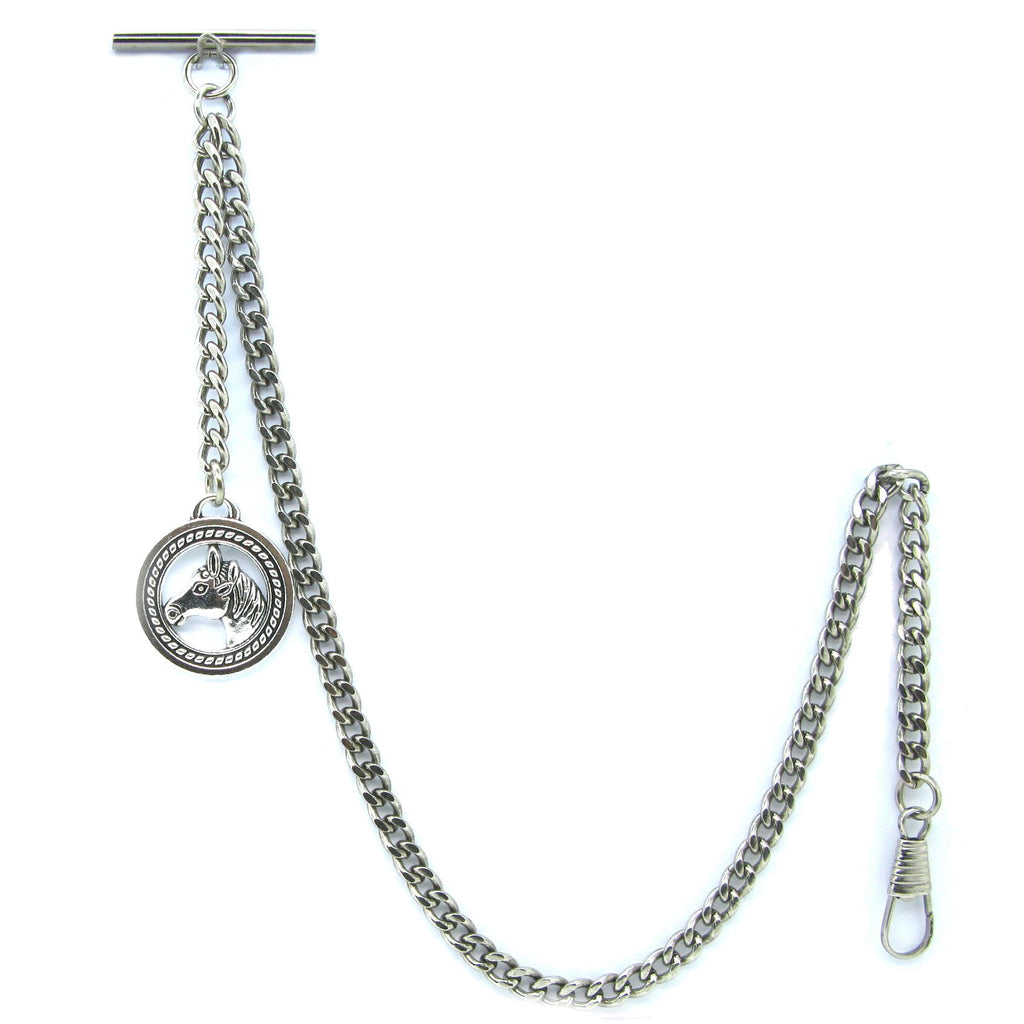 Albert Chain Silver Color Pocket Watch Chains Vest Chain for Men with Horse Design Fob T Bar AC56