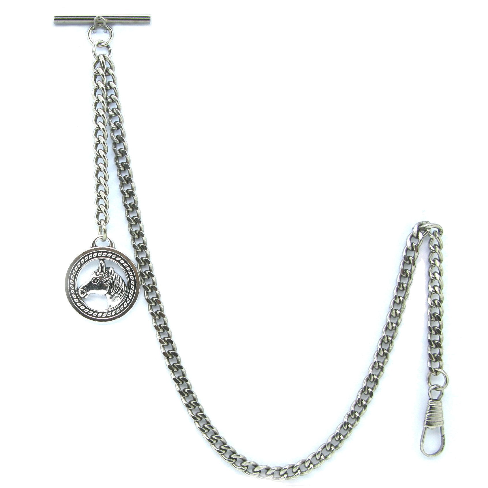 Albert Chain Silver Color Pocket Watch Chains Vest Chain for Men with Horse Design Fob T Bar AC56
