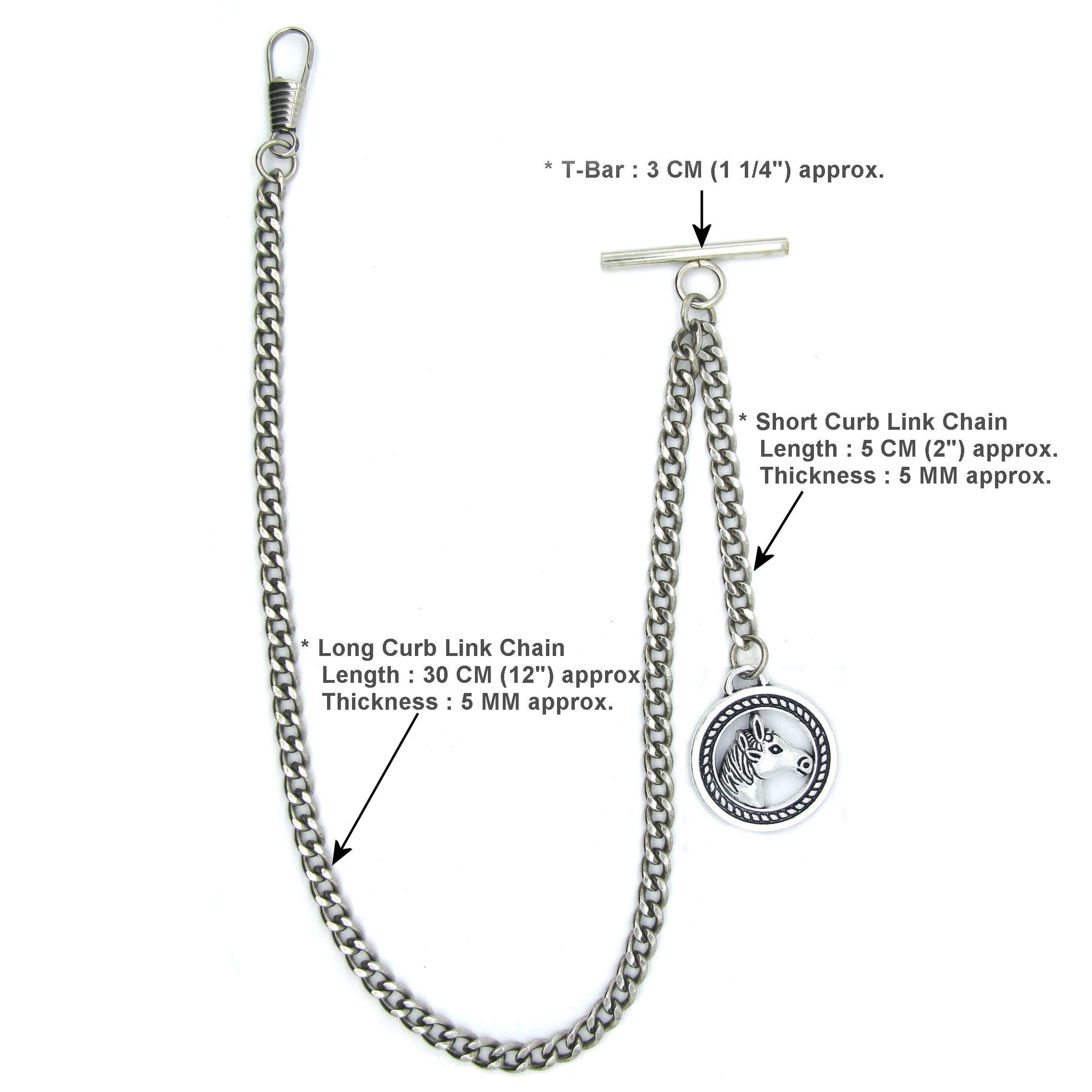 Albert Chain Silver Color Pocket Watch Chains Vest Chain for Men with Horse Design Fob T Bar AC56