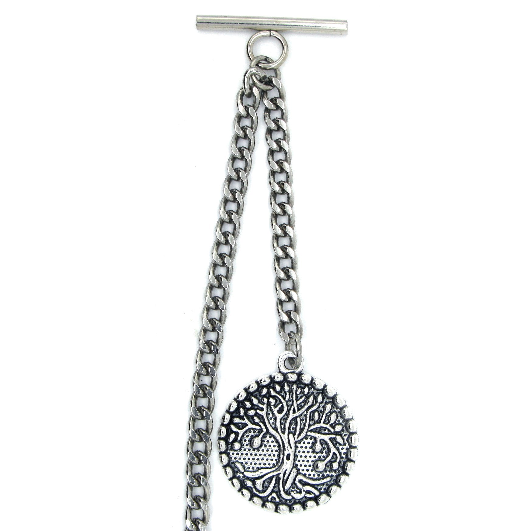 Albert Chain Silver Color Pocket Watch Chain Fob Chain for Men with Big Size Life Tree Design Fob T Bar Swivel Clasp AC57A