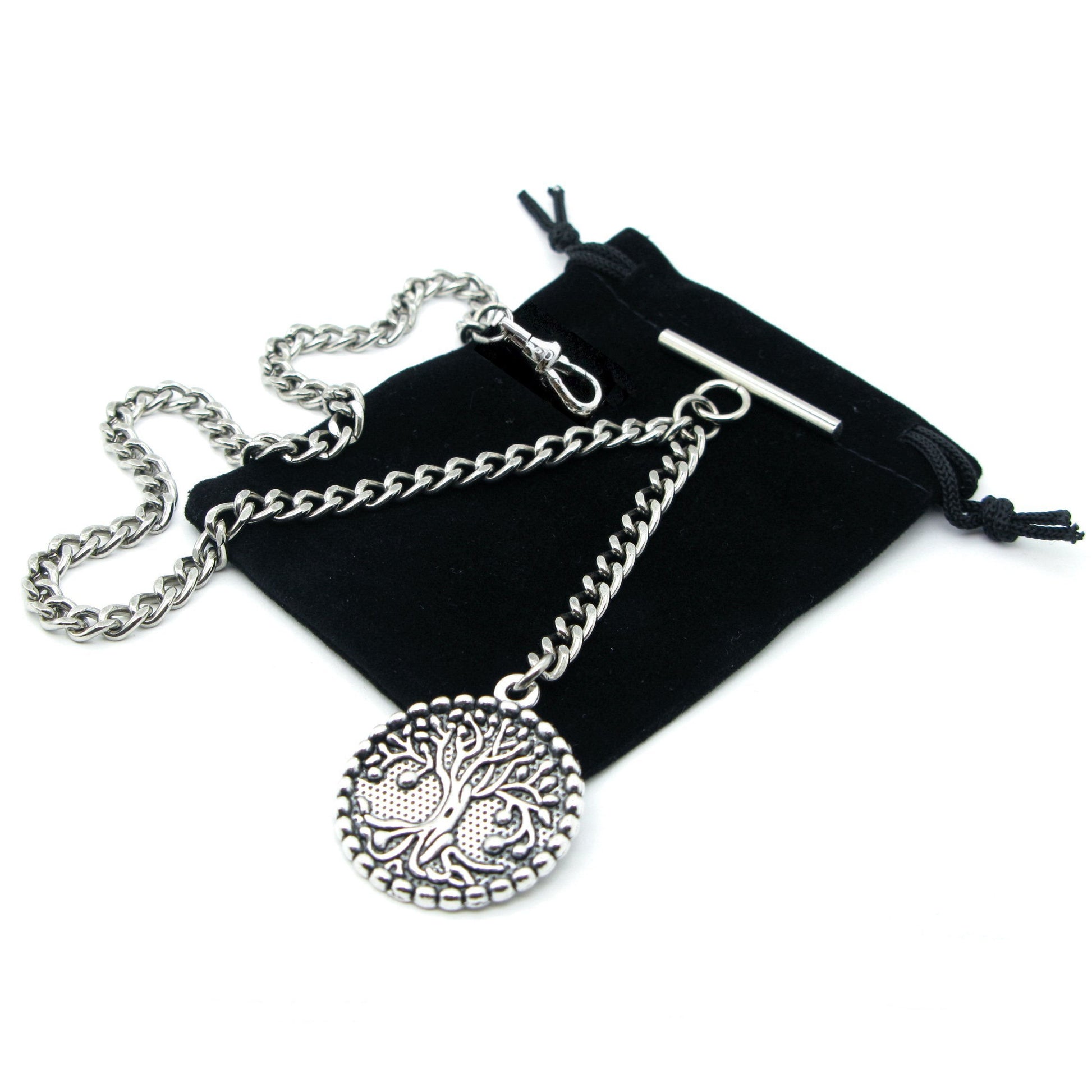 Albert Chain Silver Color Pocket Watch Chain Fob Chain for Men with Big Size Life Tree Design Fob T Bar Swivel Clasp AC57A