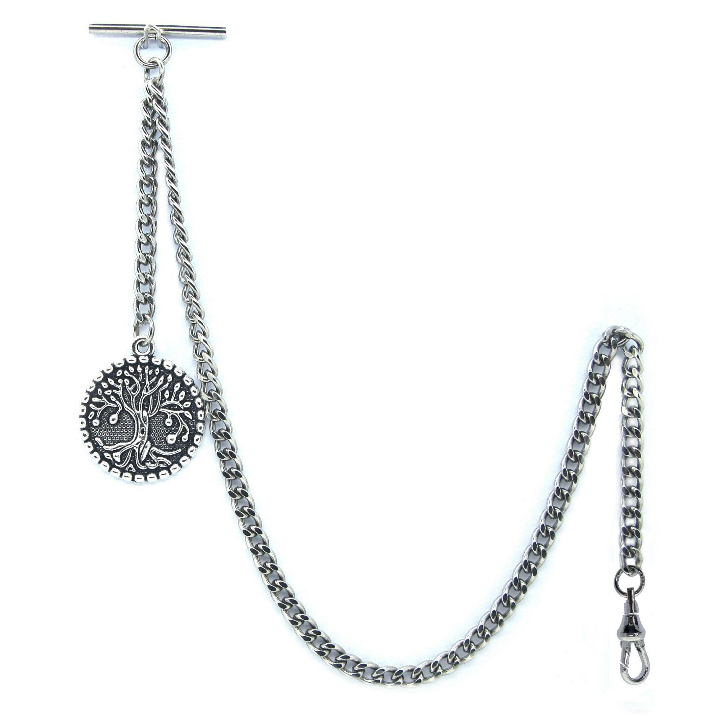 Albert Chain Silver Color Pocket Watch Chain Fob Chain for Men with Big Size Life Tree Design Fob T Bar Swivel Clasp AC57A