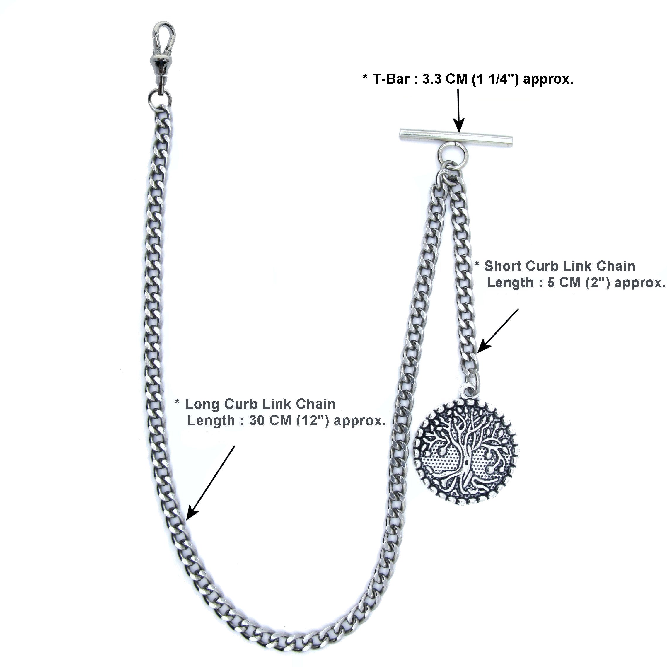 Albert Chain Silver Color Pocket Watch Chain Fob Chain for Men with Big Size Life Tree Design Fob T Bar Swivel Clasp AC57A