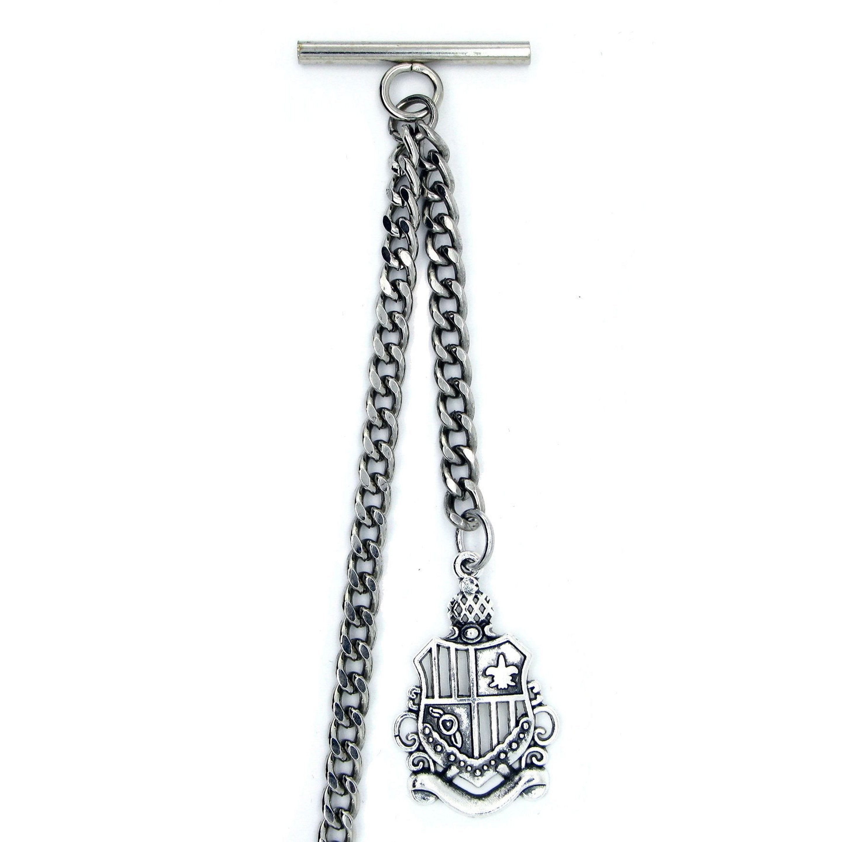 Albert Chain Silver Color Pocket Watch Chain Vest Chain for Men Crest Design Fob with T Bar Swivel Clasp AC58A