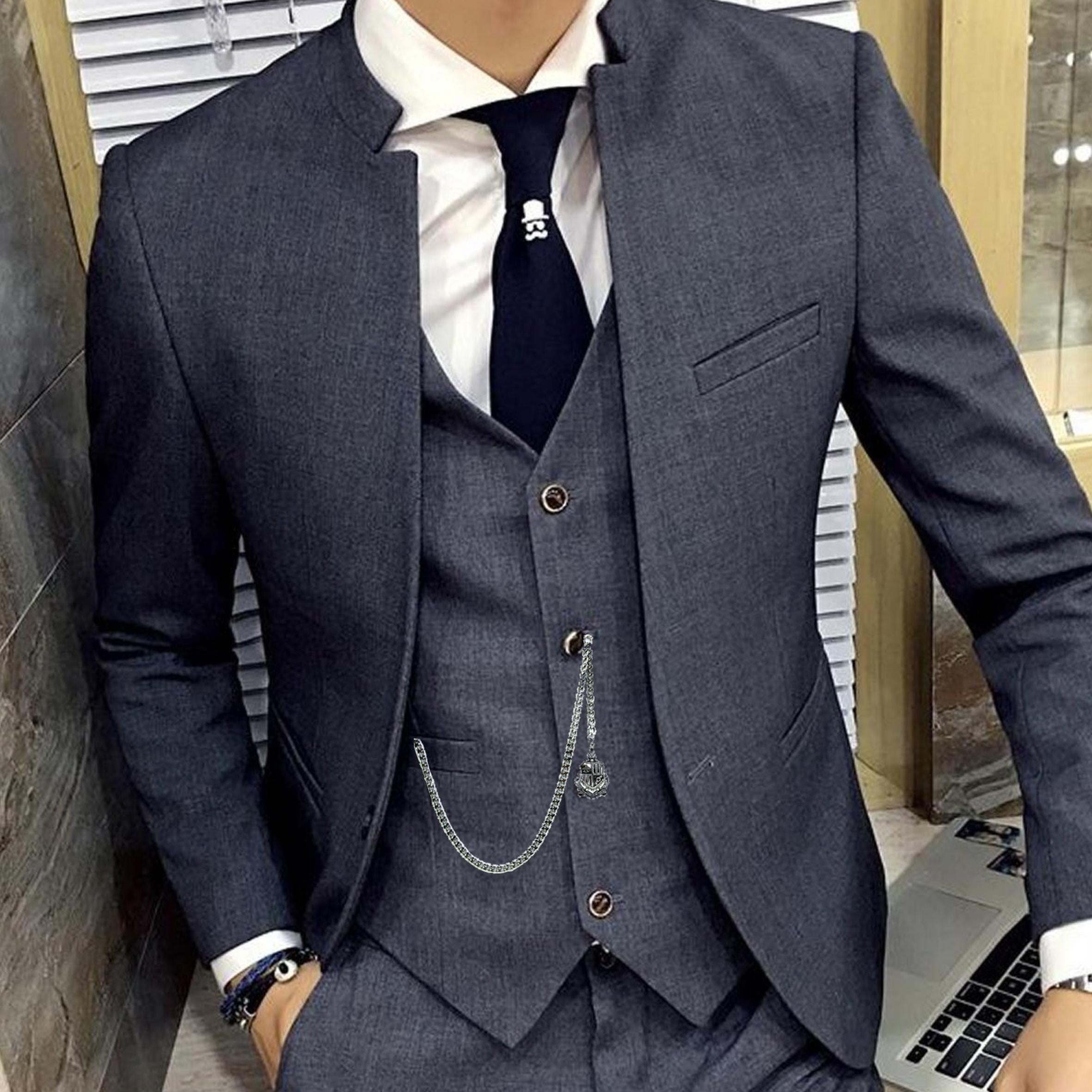 Albert Chain Silver Color Pocket Watch Chain Vest Chain for Men Crest Design Fob with T Bar Swivel Clasp AC58A