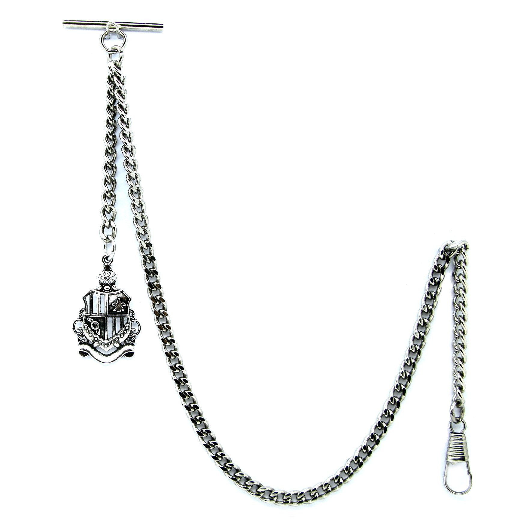 Albert Chain Silver Color Pocket Watch Chain Vest Chain for Men Crest Design Fob with T Bar Swivel Clasp AC58A