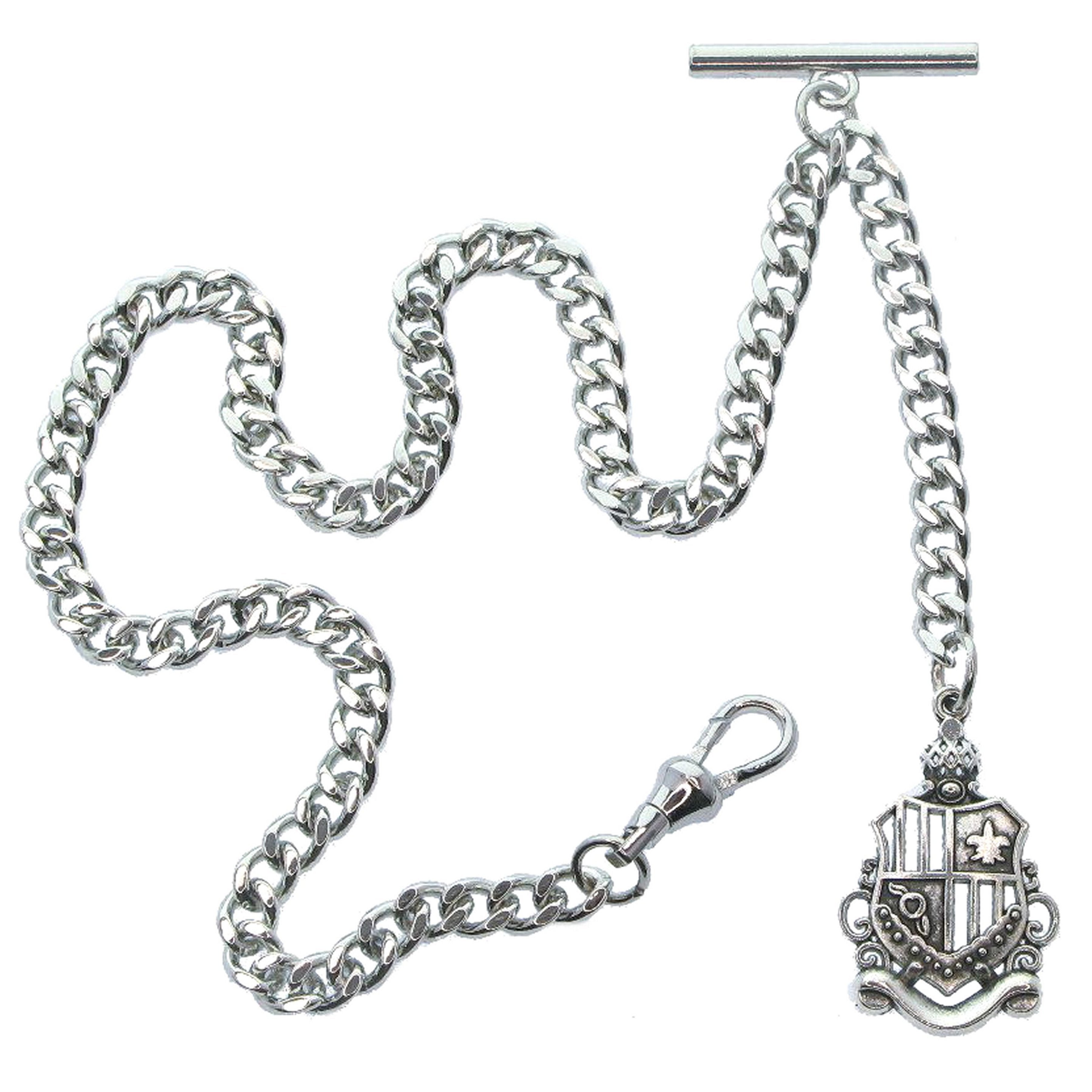 Albert Chain Silver Color Pocket Watch Chain Vest Chain for Men Crest Design Fob with T Bar Swivel Clasp AC58A