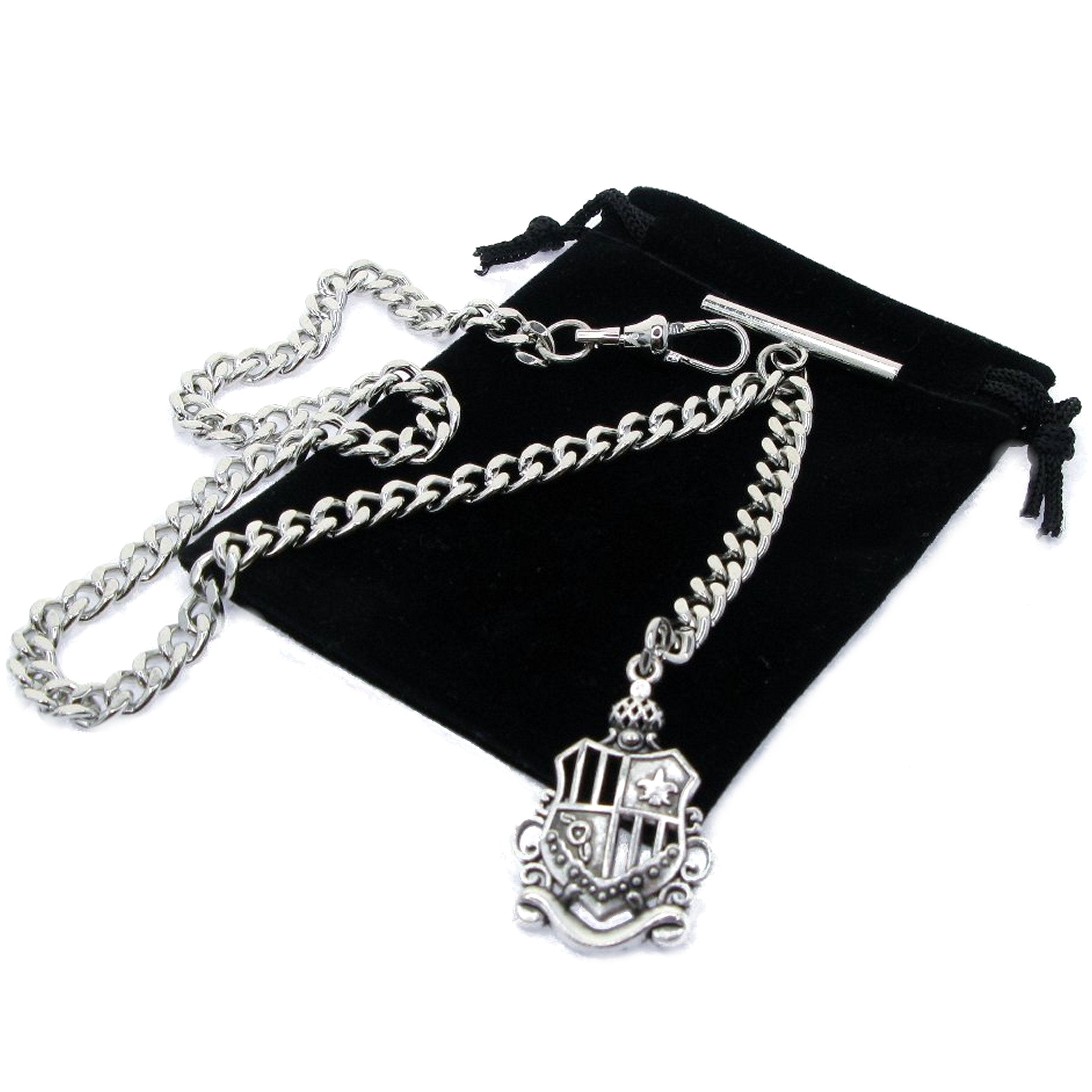 Albert Chain Silver Color Pocket Watch Chain Vest Chain for Men Crest Design Fob with T Bar Swivel Clasp AC58A