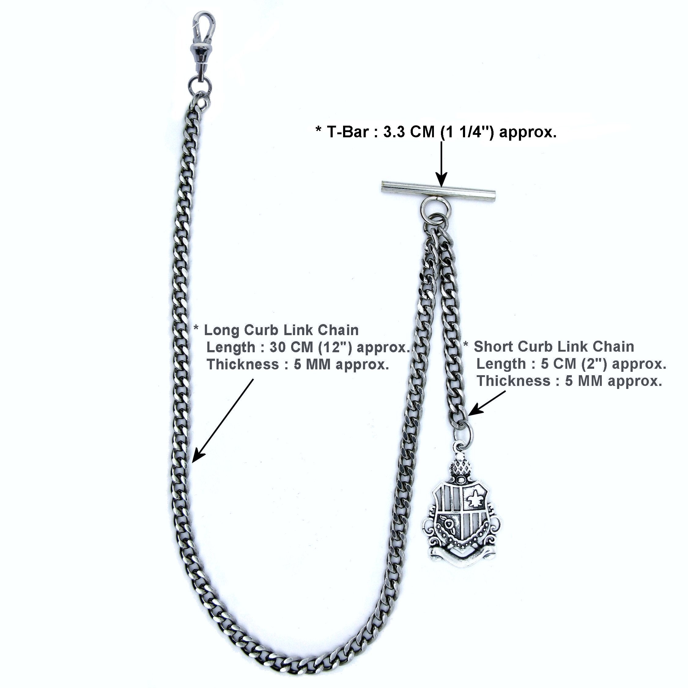 Albert Chain Silver Color Pocket Watch Chain Vest Chain for Men Crest Design Fob with T Bar Swivel Clasp AC58A