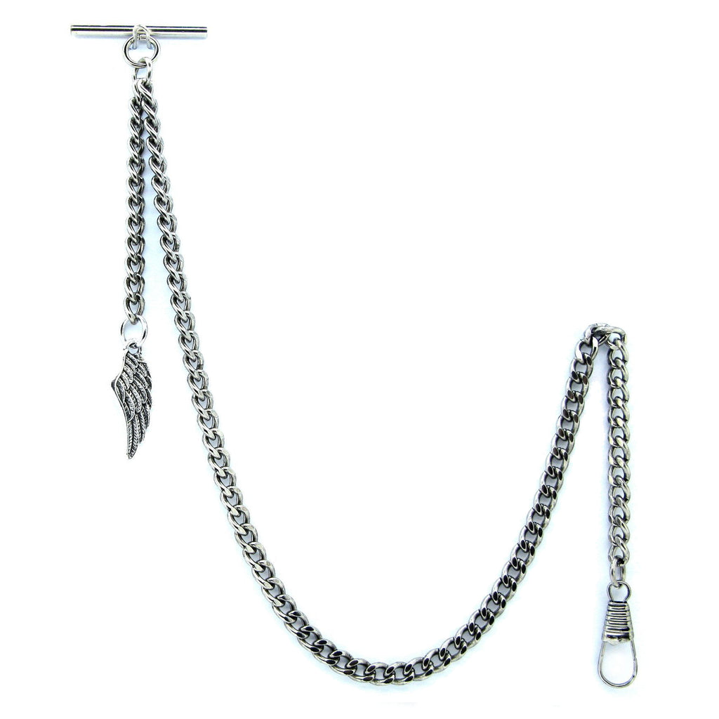 Albert Chain Silver Color Pocket Watch Chains for Men with Wing Design Fob T Bar AC59