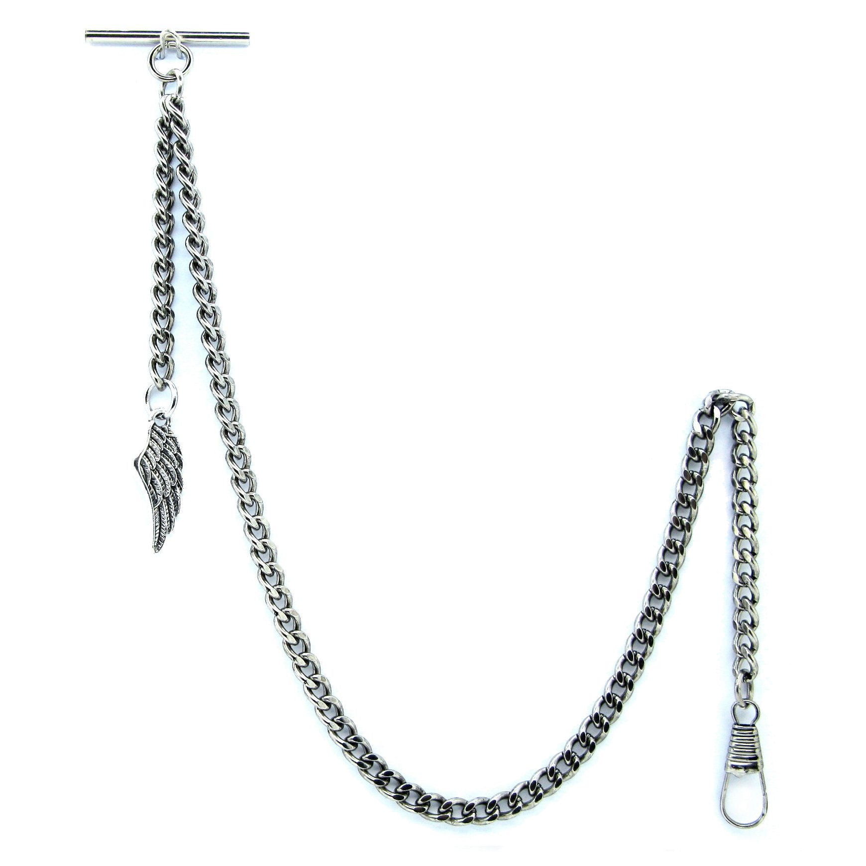Albert Chain Silver Color Pocket Watch Chains for Men with Wing Design Fob T Bar AC59