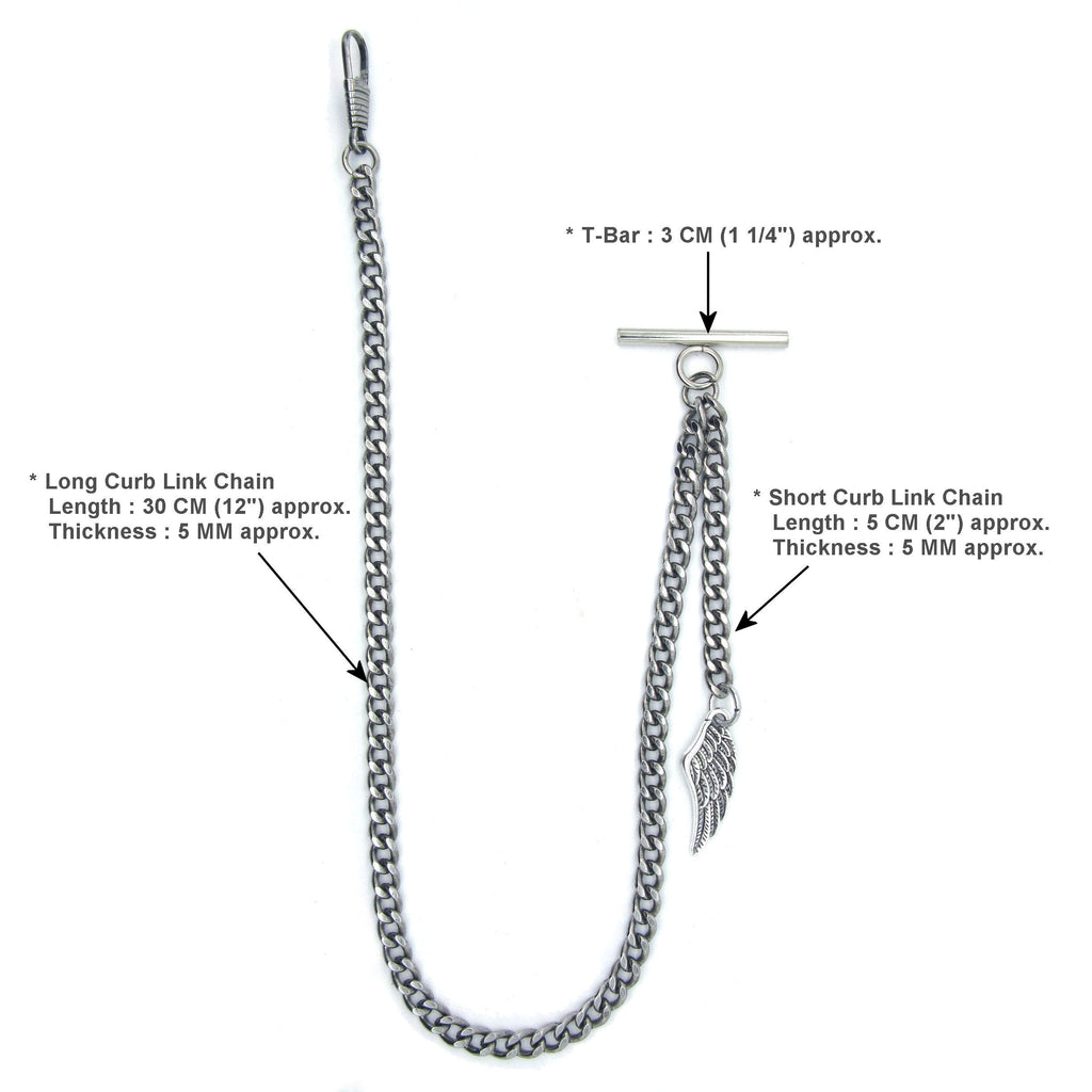 Albert Chain Silver Color Pocket Watch Chains for Men with Wing Design Fob T Bar AC59