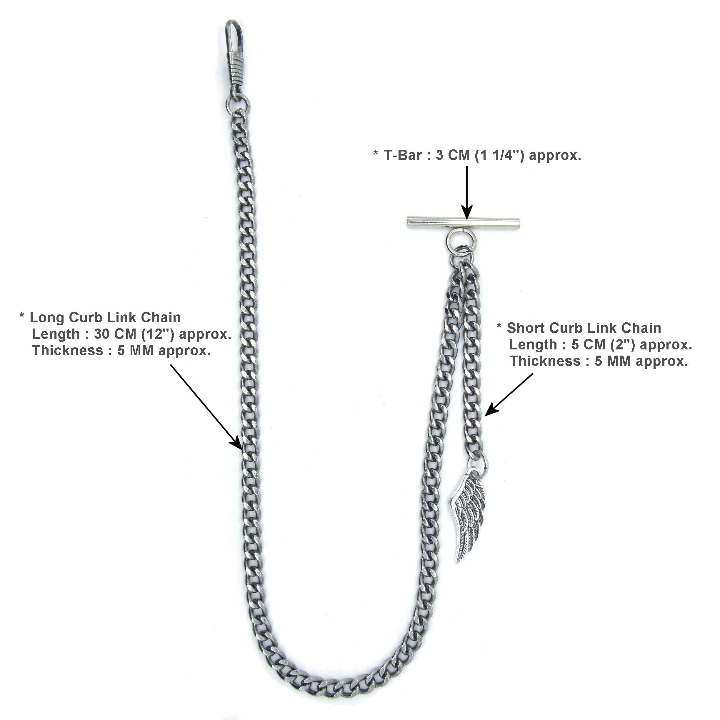 Albert Chain Silver Color Pocket Watch Chains for Men with Wing Design Fob T Bar AC59