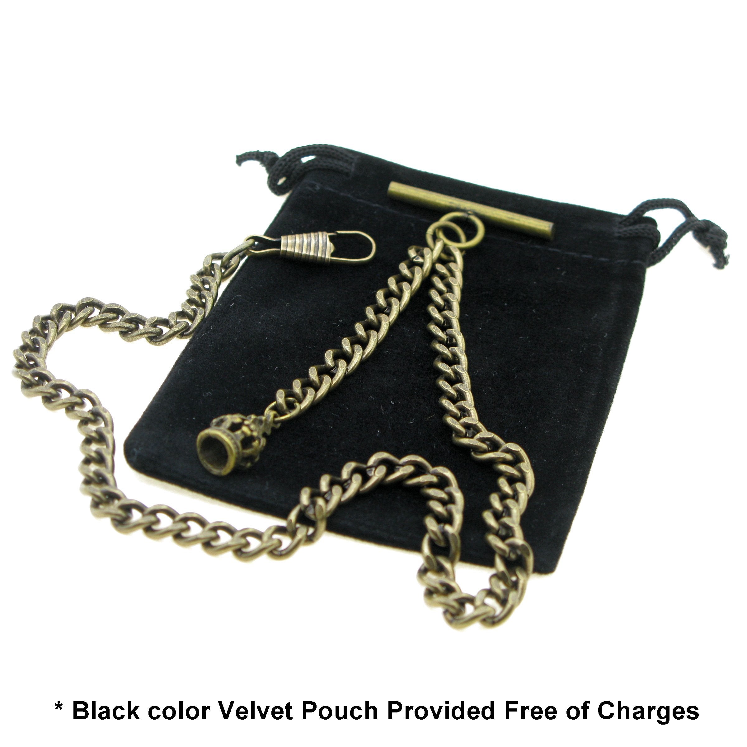 Albert Chain Pocket Watch Chains for Men Antique Brass Color with Crown Pattern Fob T Bar AC60