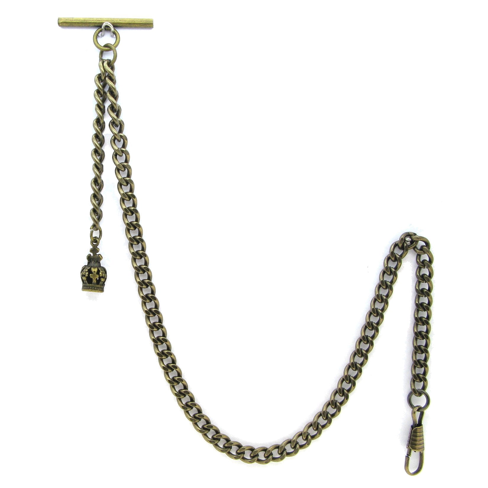 Albert Chain Pocket Watch Chains for Men Antique Brass Color with Crown Pattern Fob T Bar AC60