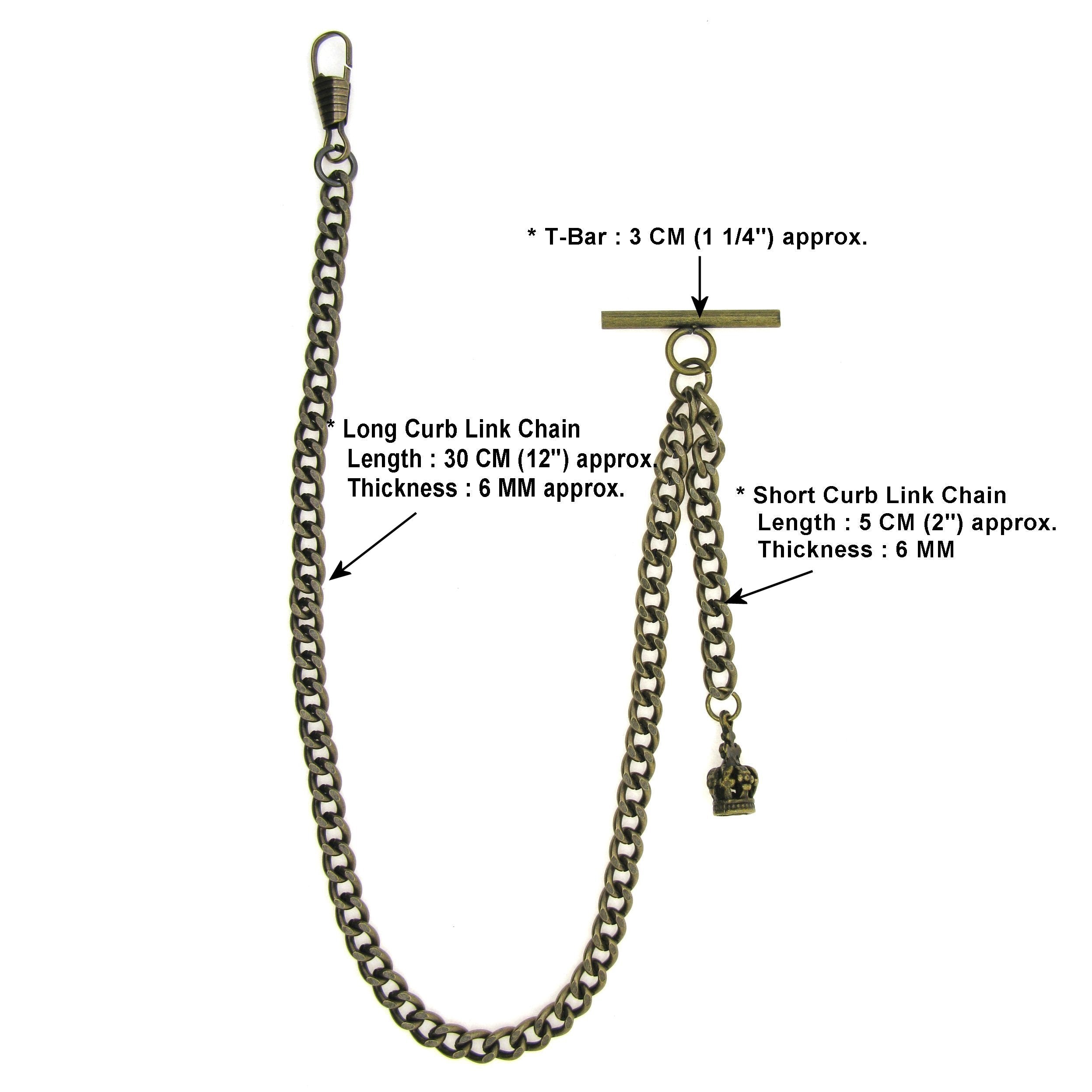 Albert Chain Pocket Watch Chains for Men Antique Brass Color with Crown Pattern Fob T Bar AC60