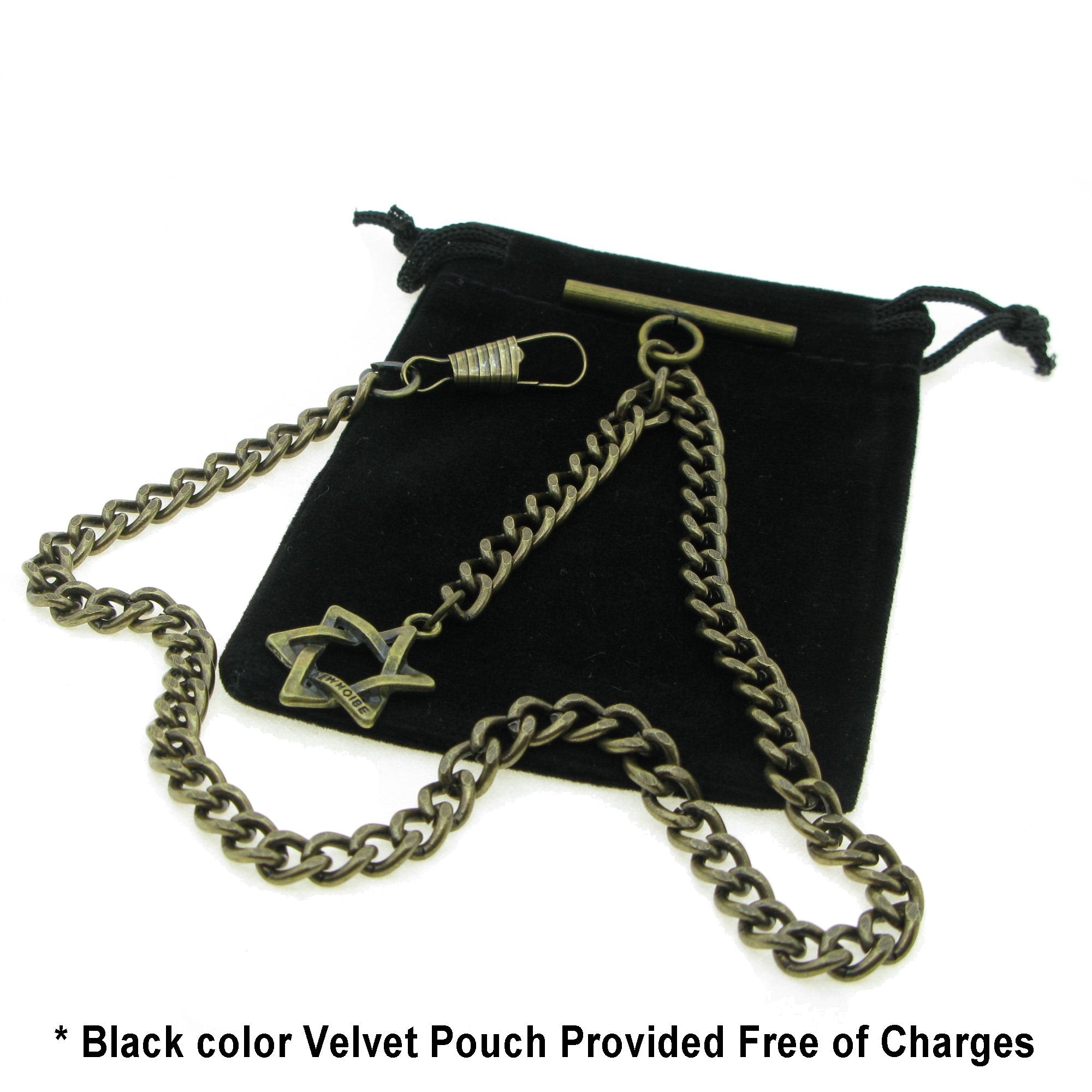 Albert Chain Pocket Watch Chains for Men Antique Brass Color with Star Pattern Fob T Bar AC61