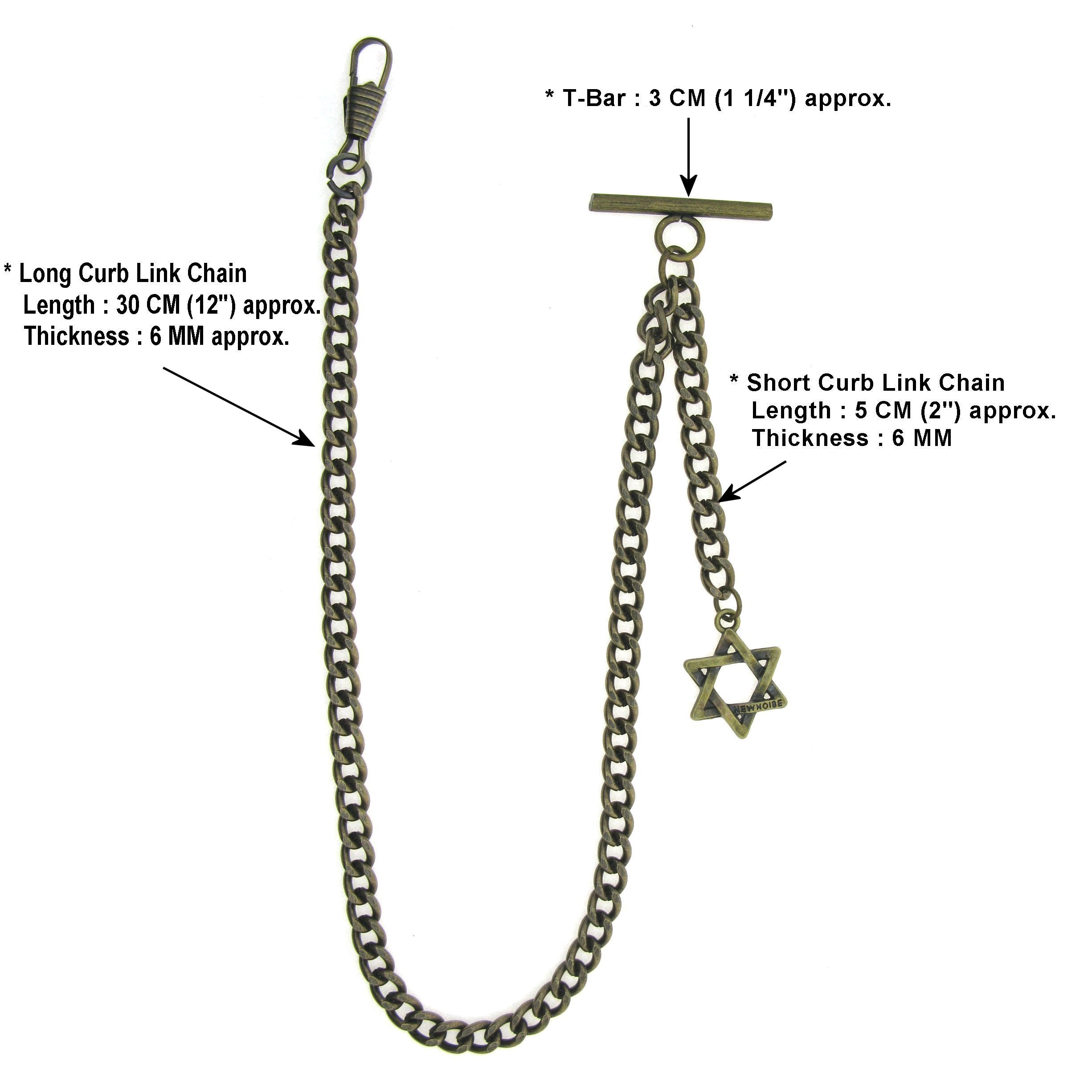 Albert Chain Pocket Watch Chains for Men Antique Brass Color with Star Pattern Fob T Bar AC61