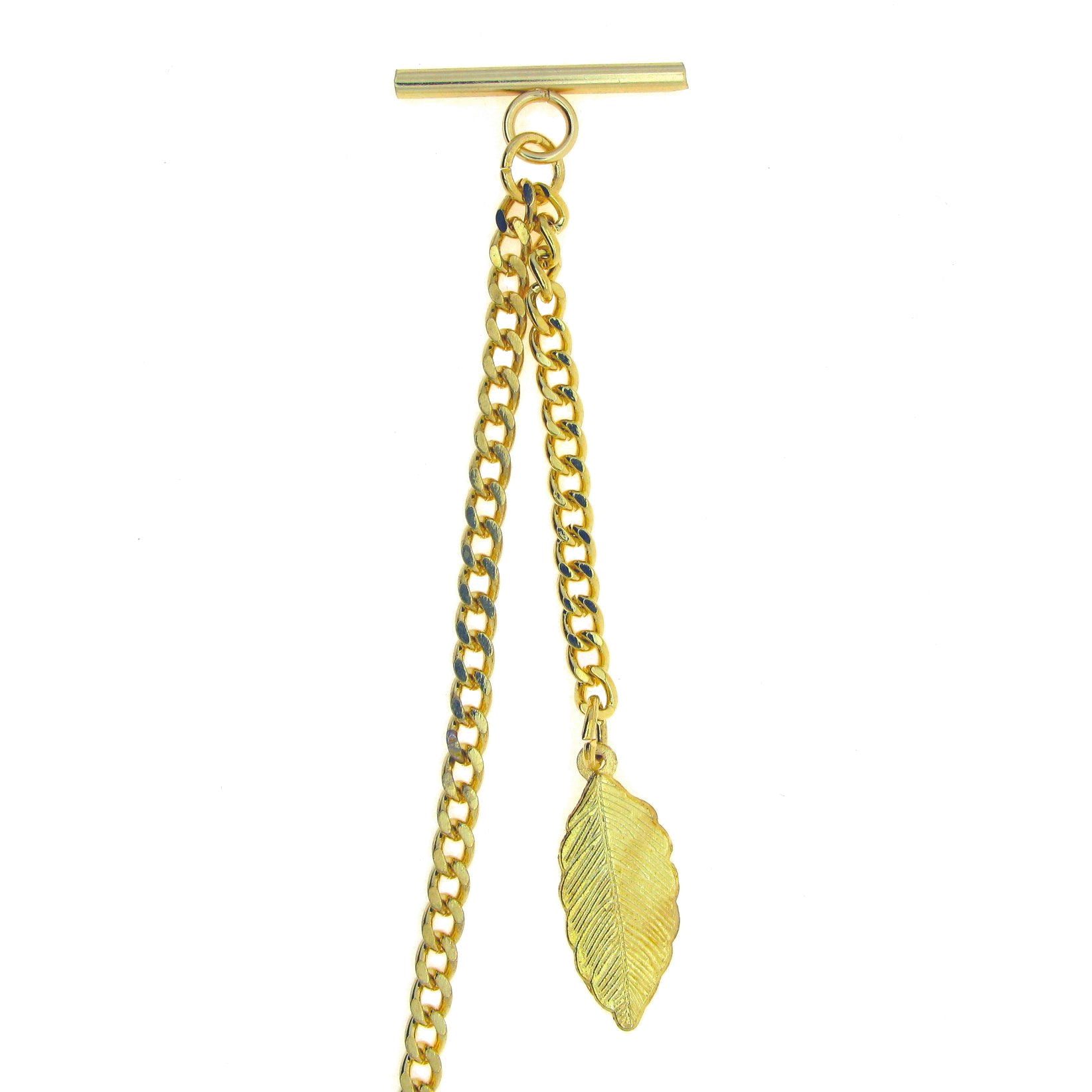 Albert Chain Gold Color Pocket Watch Chains Vest Chain for Men with T Bar Swivel Clasp and Gold Leave Fob AC62