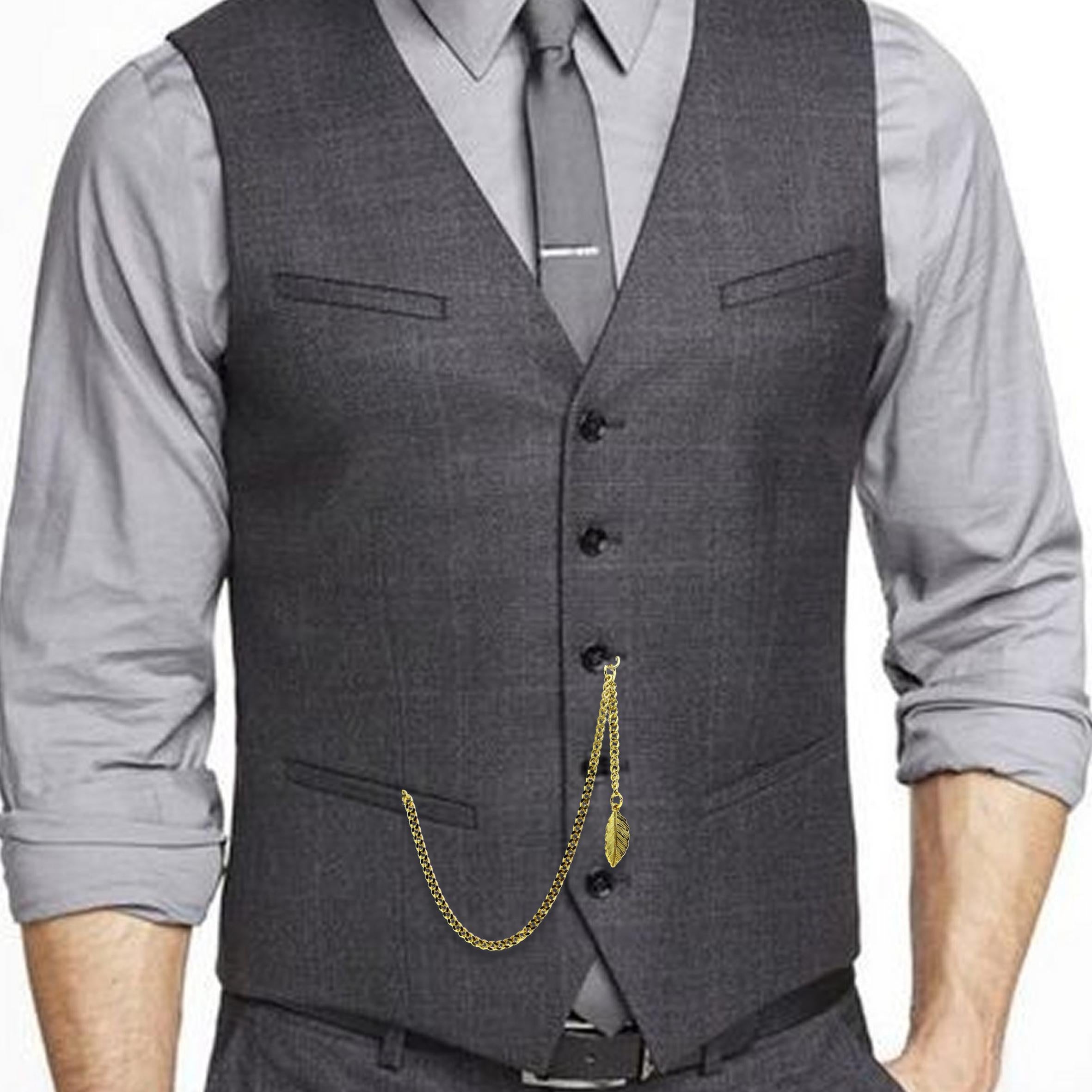 Albert Chain Gold Color Pocket Watch Chains Vest Chain for Men with T Bar Swivel Clasp and Gold Leave Fob AC62