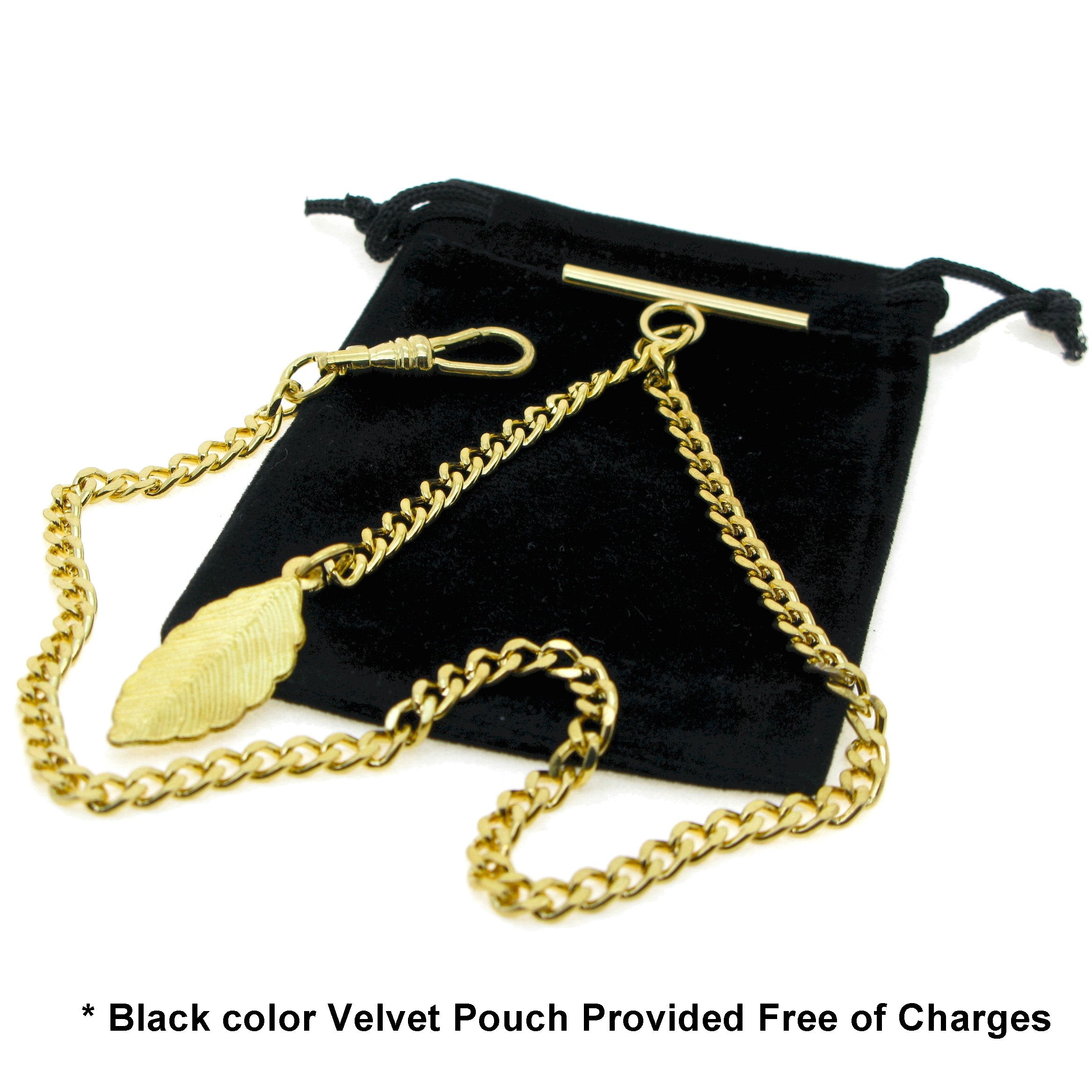 Albert Chain Gold Color Pocket Watch Chains Vest Chain for Men with T Bar Swivel Clasp and Gold Leave Fob AC62