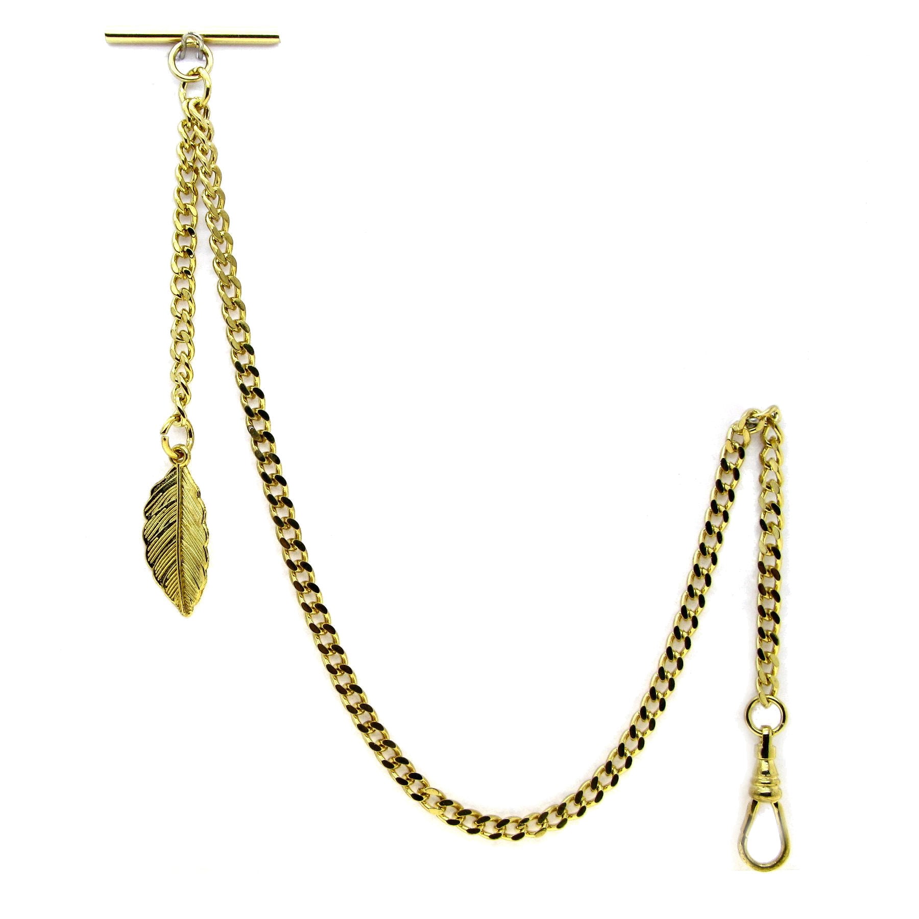 Albert Chain Gold Color Pocket Watch Chains Vest Chain for Men with T Bar Swivel Clasp and Gold Leave Fob AC62