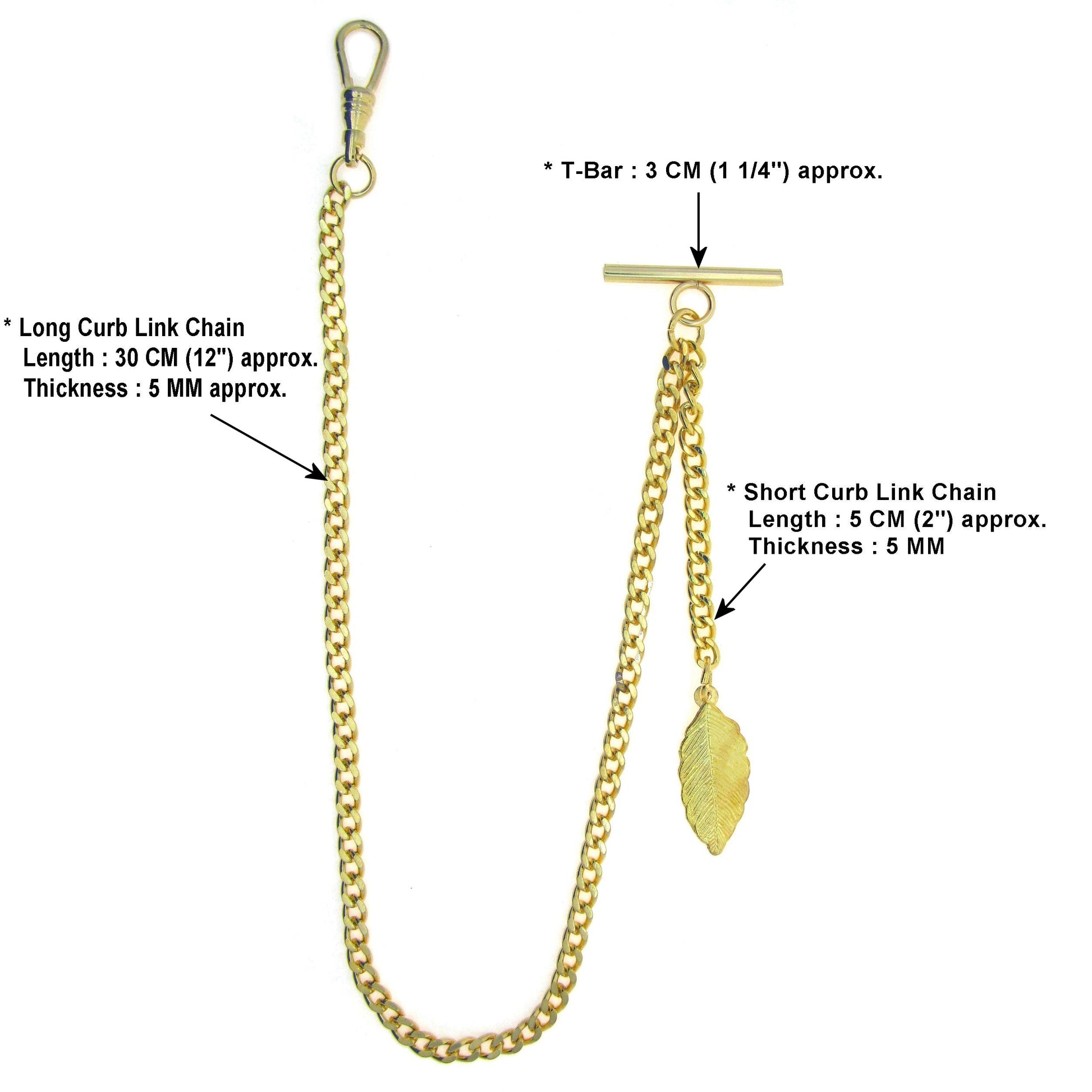 Albert Chain Gold Color Pocket Watch Chains Vest Chain for Men with T Bar Swivel Clasp and Gold Leave Fob AC62