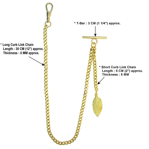 Albert Chain Gold Color Pocket Watch Chains Vest Chain for Men with T Bar Swivel Clasp and Gold Leave Fob AC62
