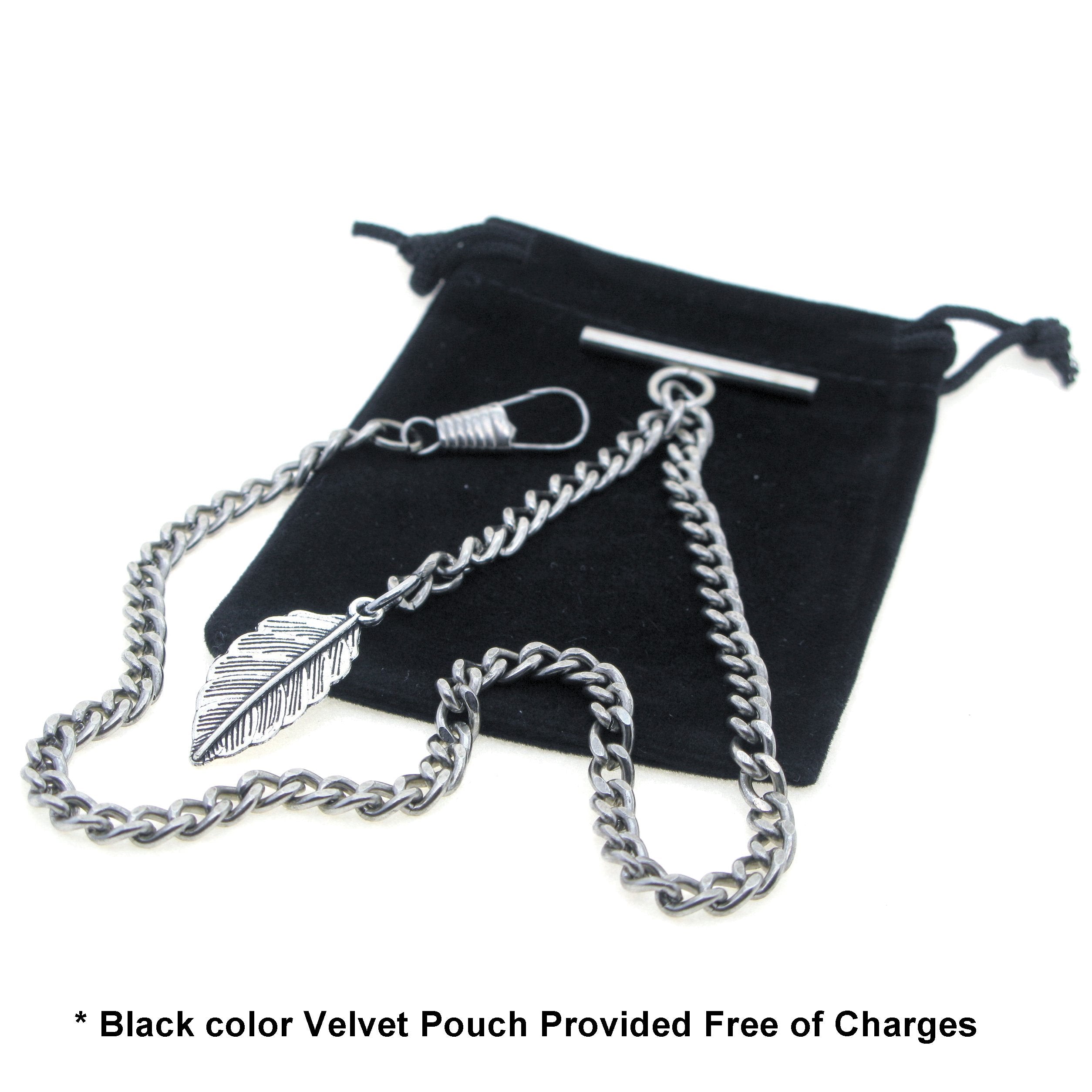 Albert Chain Silver Color Pocket Watch Chains Vest Chain for Men with Leaf Design Fob T Bar AC63