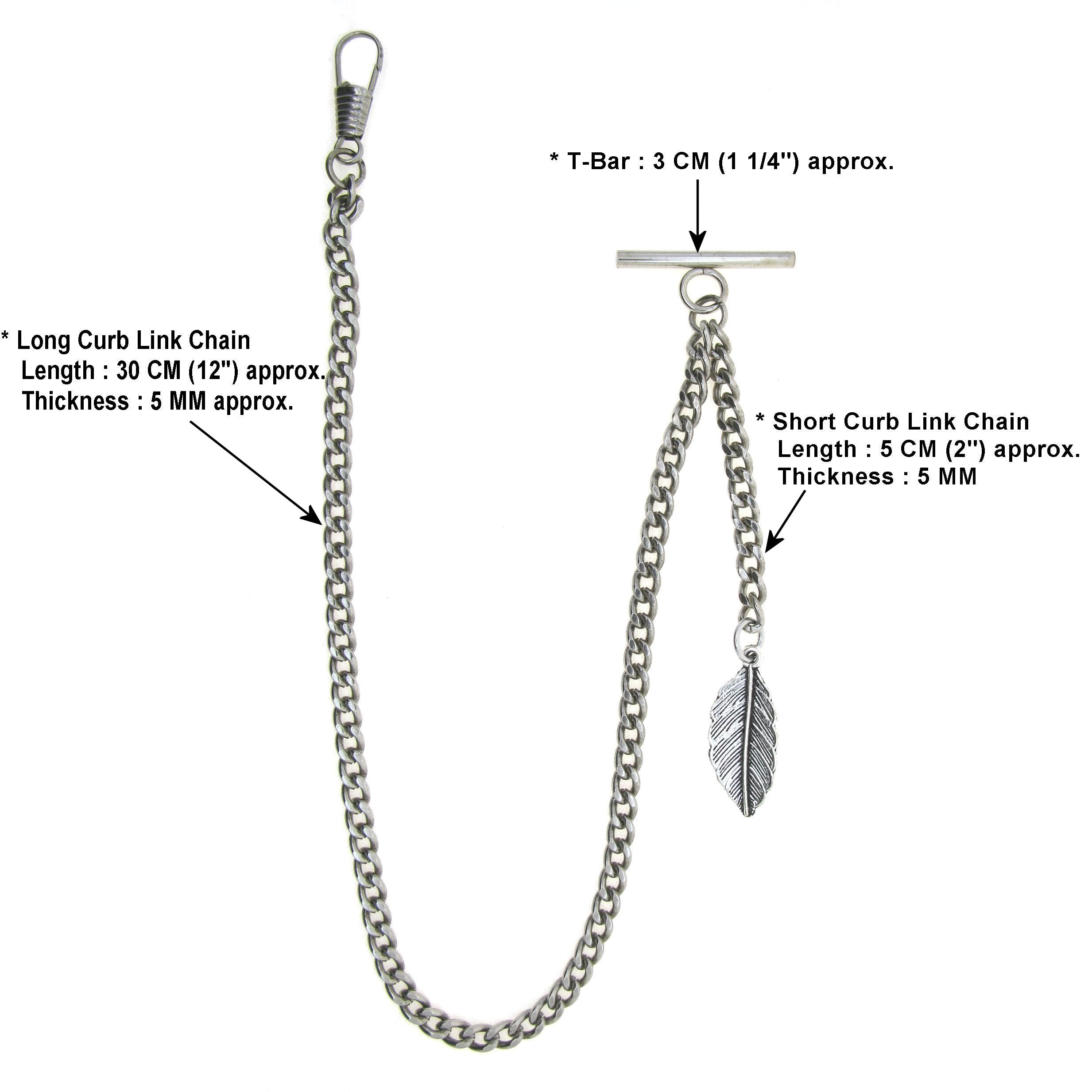 Albert Chain Silver Color Pocket Watch Chains Vest Chain for Men with Leaf Design Fob T Bar AC63
