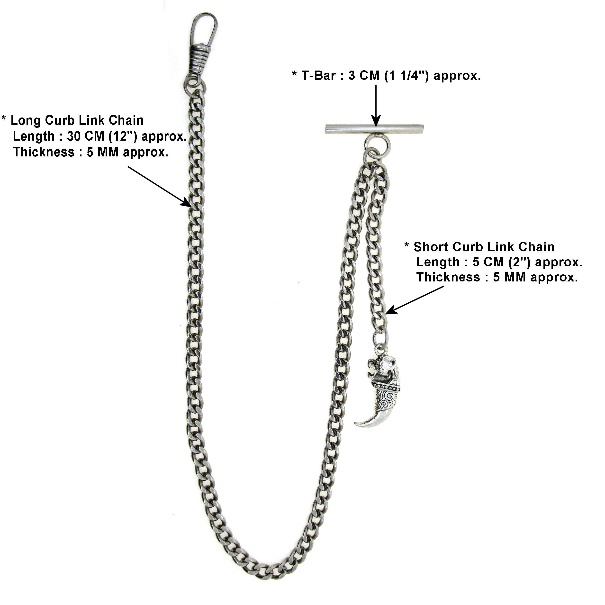 Albert Chain Silver Color Pocket Watch Chains Vest Chain for Men with Animal Tooth Design Fob T Bar AC64