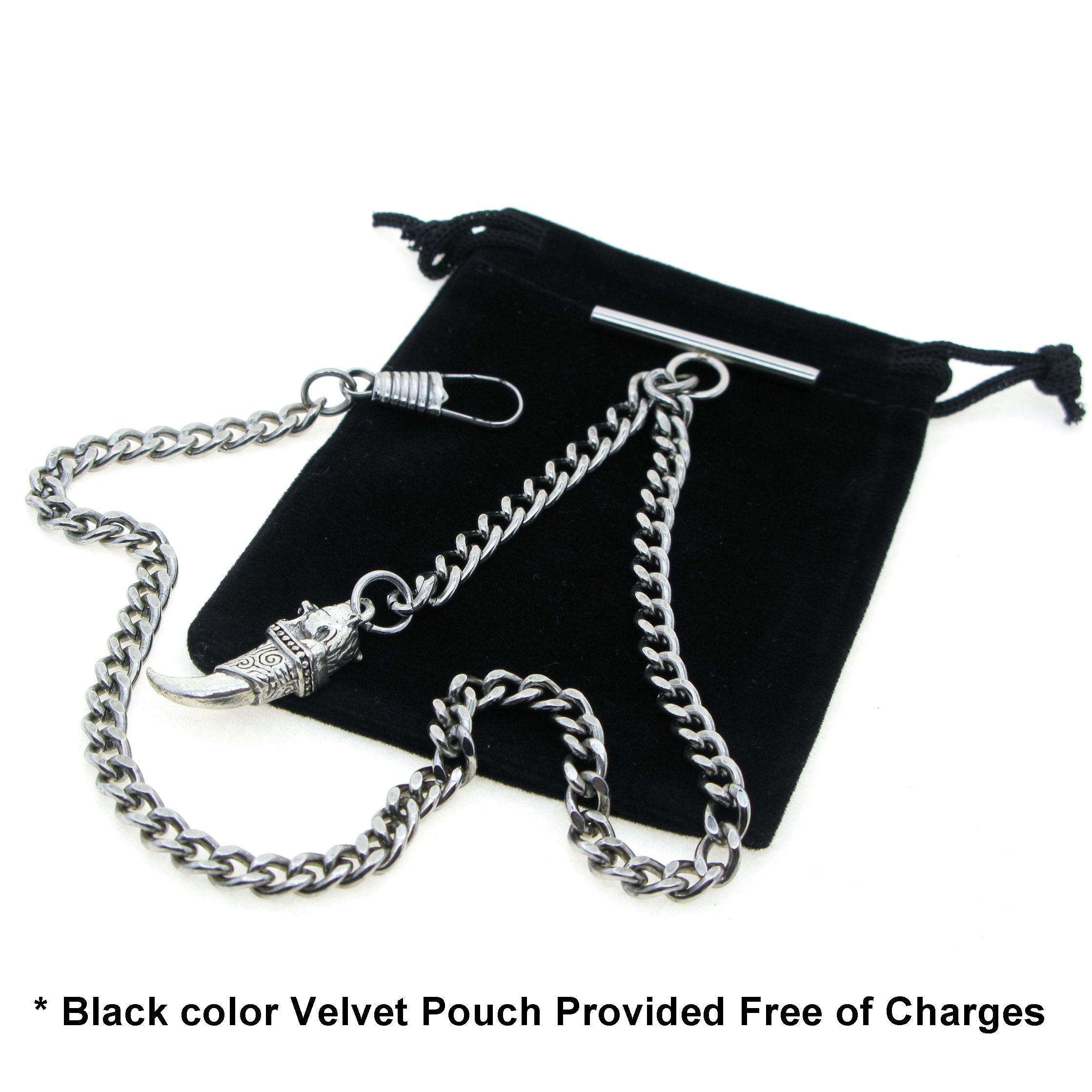 Albert Chain Silver Color Pocket Watch Chains Vest Chain for Men with Animal Tooth Design Fob T Bar AC64