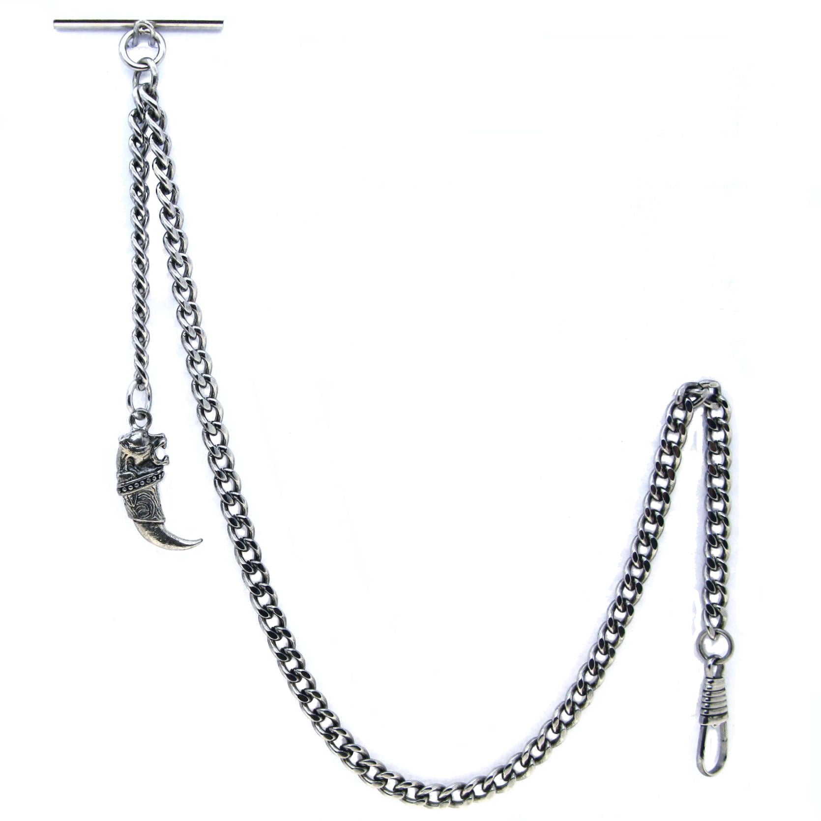 Albert Chain Silver Color Pocket Watch Chains Vest Chain for Men with Animal Tooth Design Fob T Bar AC64