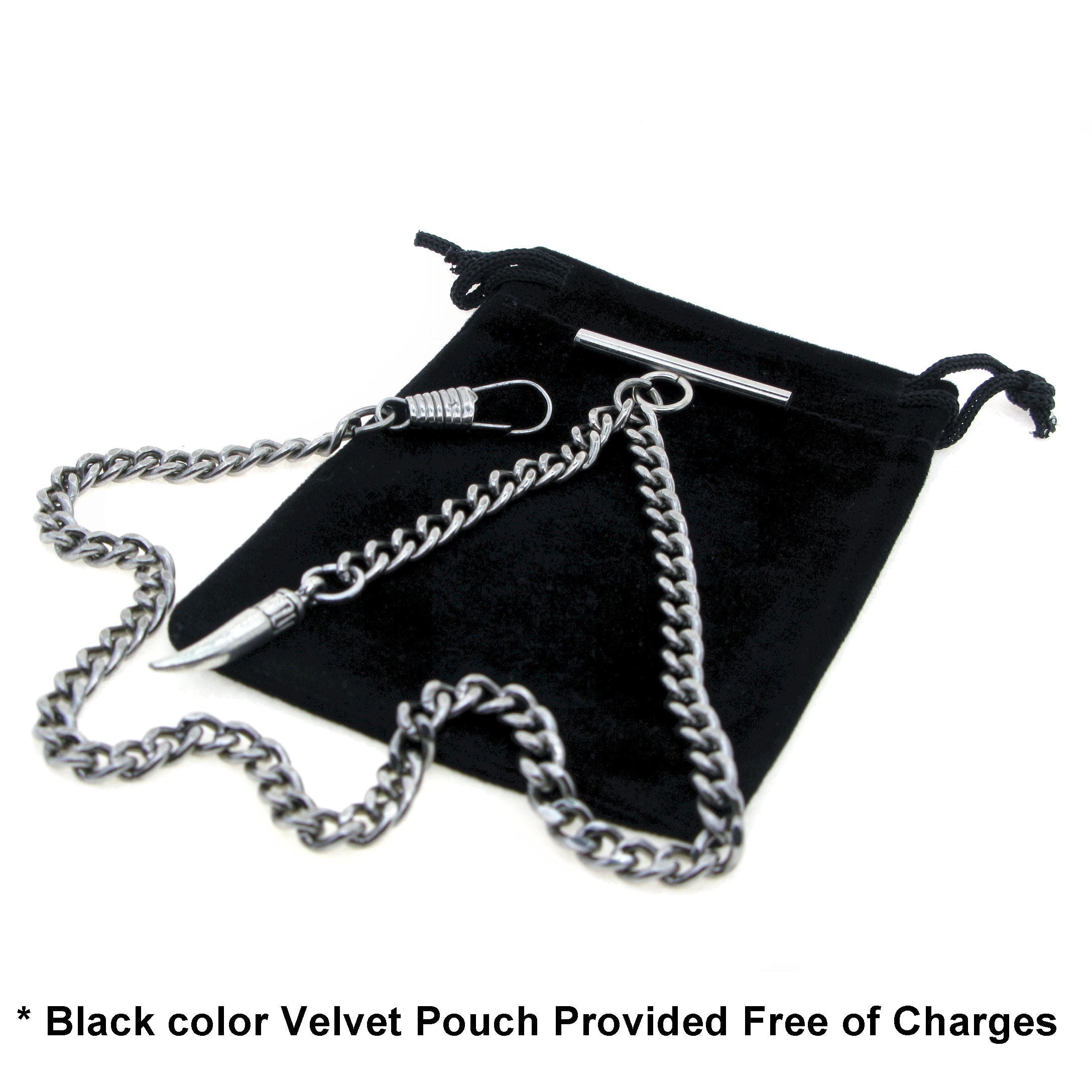 Albert Chain Silver Color Pocket Watch Chains for Men with Animal Tooth Design Fob T Bar AC65
