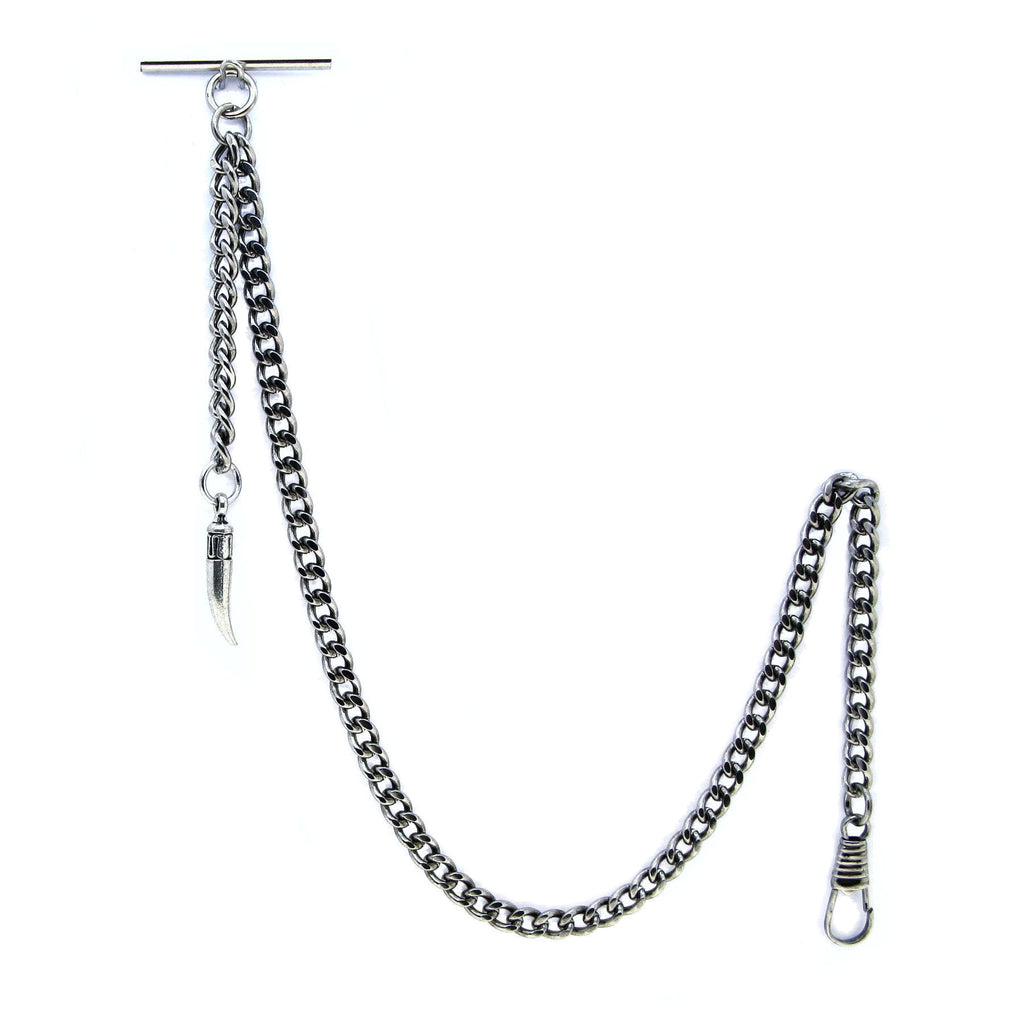 Albert Chain Silver Color Pocket Watch Chains for Men with Animal Tooth Design Fob T Bar AC65