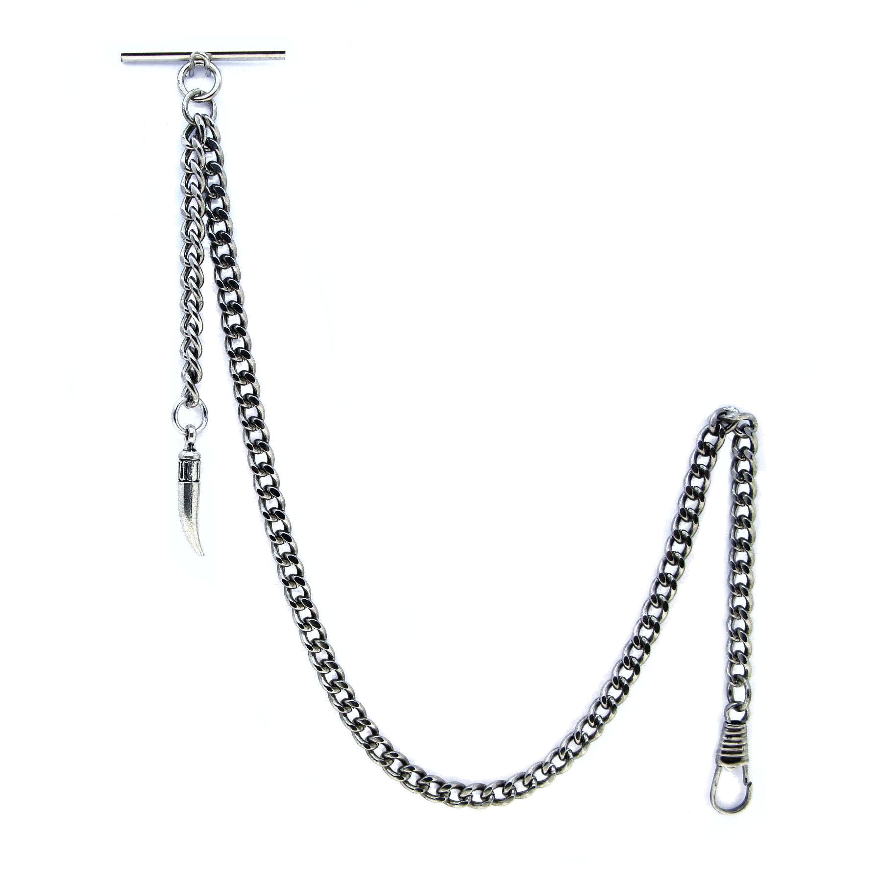 Albert Chain Silver Color Pocket Watch Chains for Men with Animal Tooth Design Fob T Bar AC65