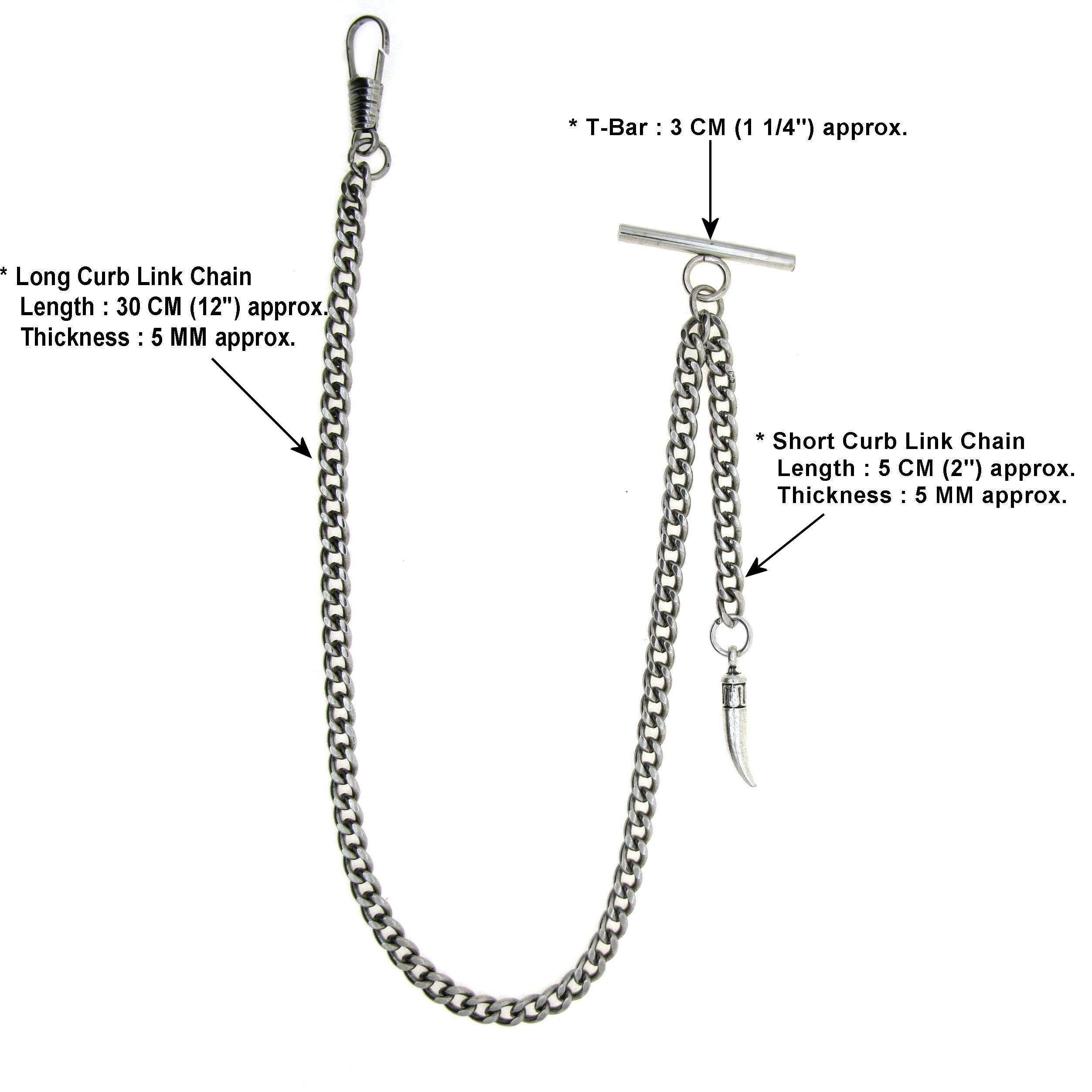 Albert Chain Silver Color Pocket Watch Chains for Men with Animal Tooth Design Fob T Bar AC65