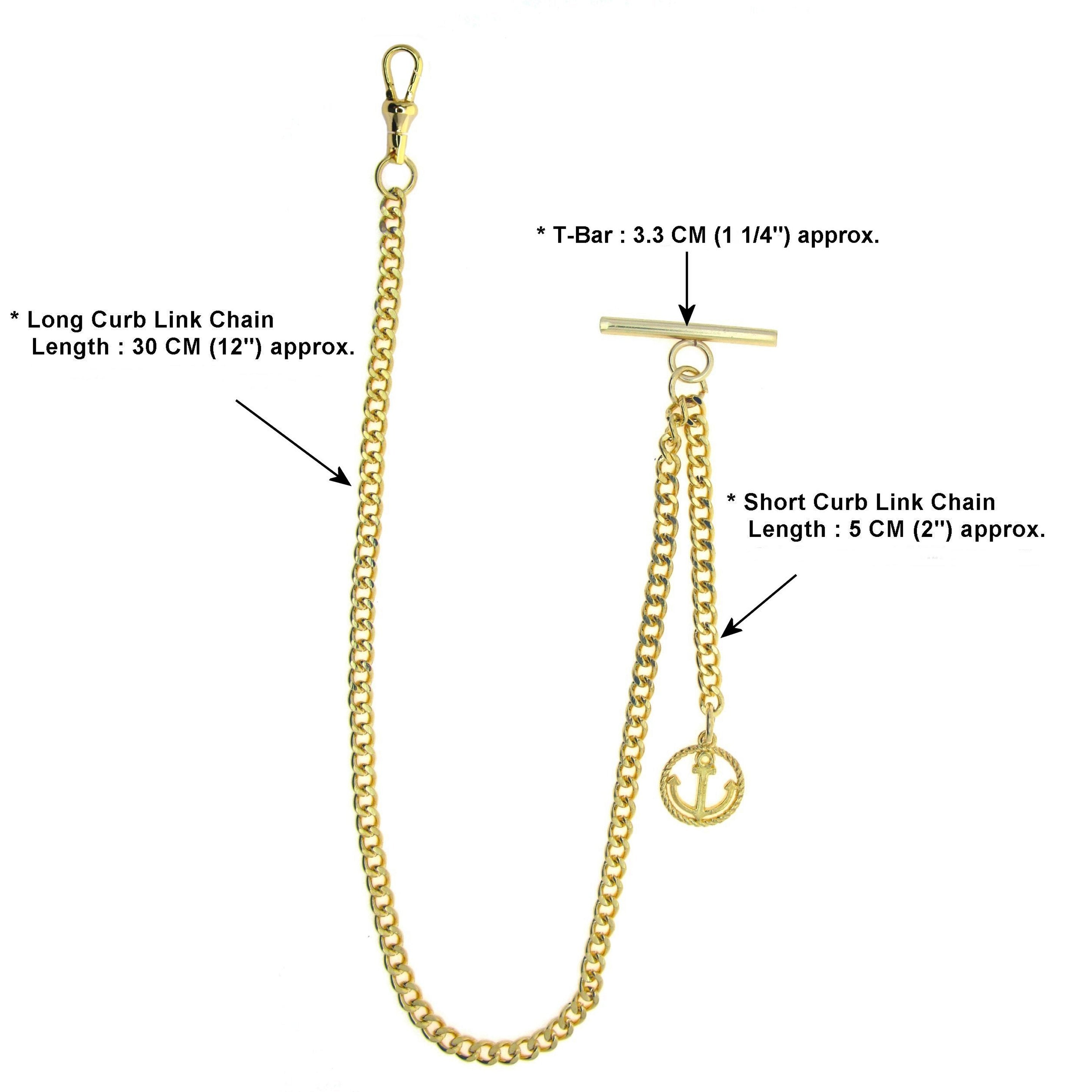 Albert Chain Gold Color Pocket Watch Chains Vest Chain for Men with T Bar Swivel Clasp and Anchor Medal Fob AC66