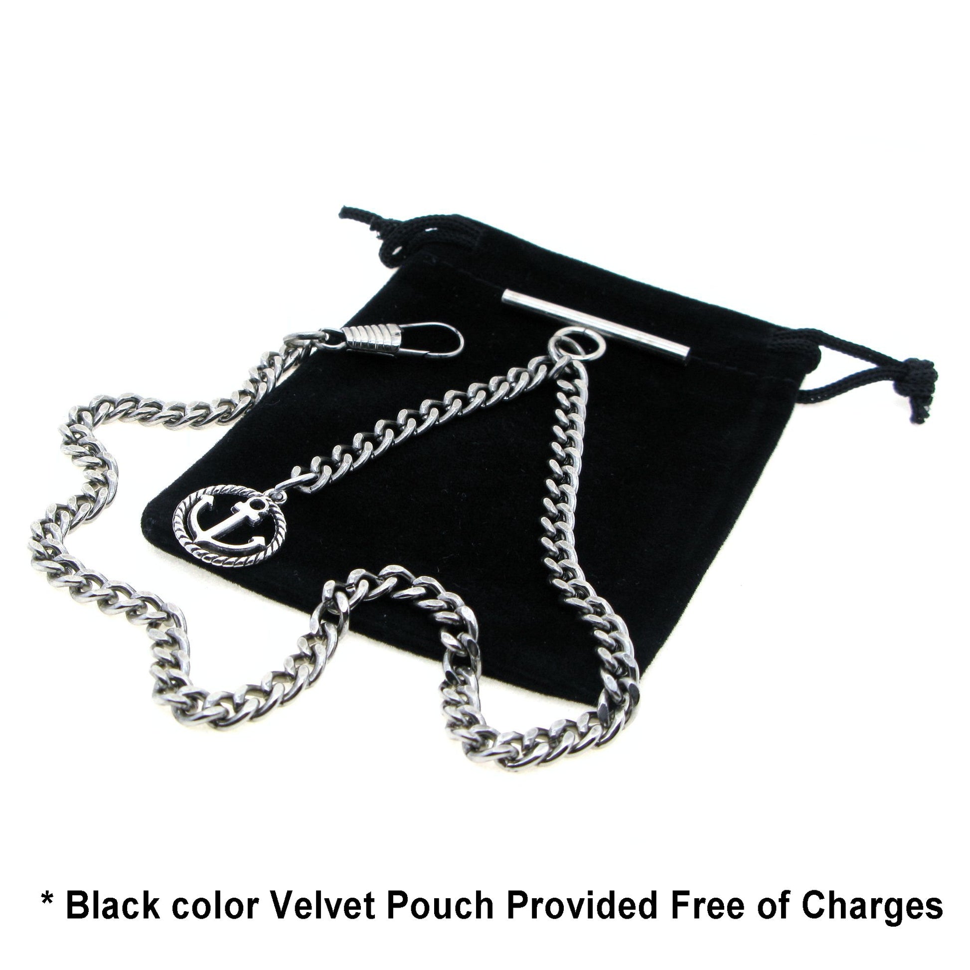 Albert Chain Silver Color Pocket Watch Chains Vest Chain for Men with Anchor Medal Design Fob T Bar AC67
