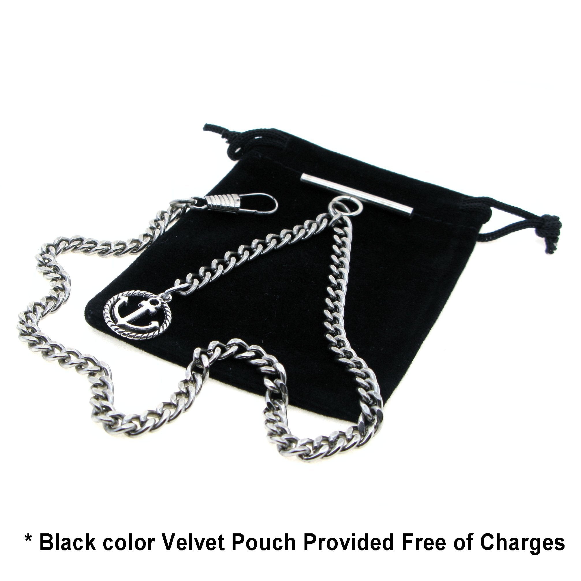 Albert Chain Silver Color Pocket Watch Chains Vest Chain for Men with Anchor Medal Design Fob T Bar AC67