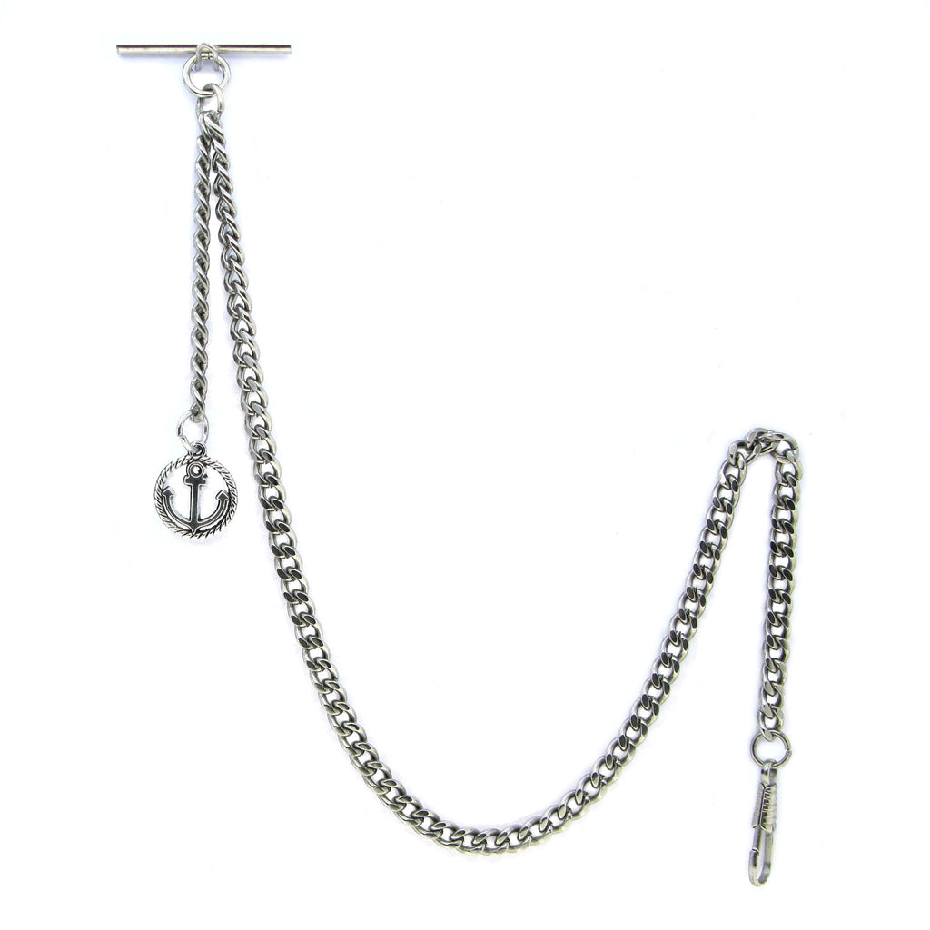 Albert Chain Silver Color Pocket Watch Chains Vest Chain for Men with Anchor Medal Design Fob T Bar AC67