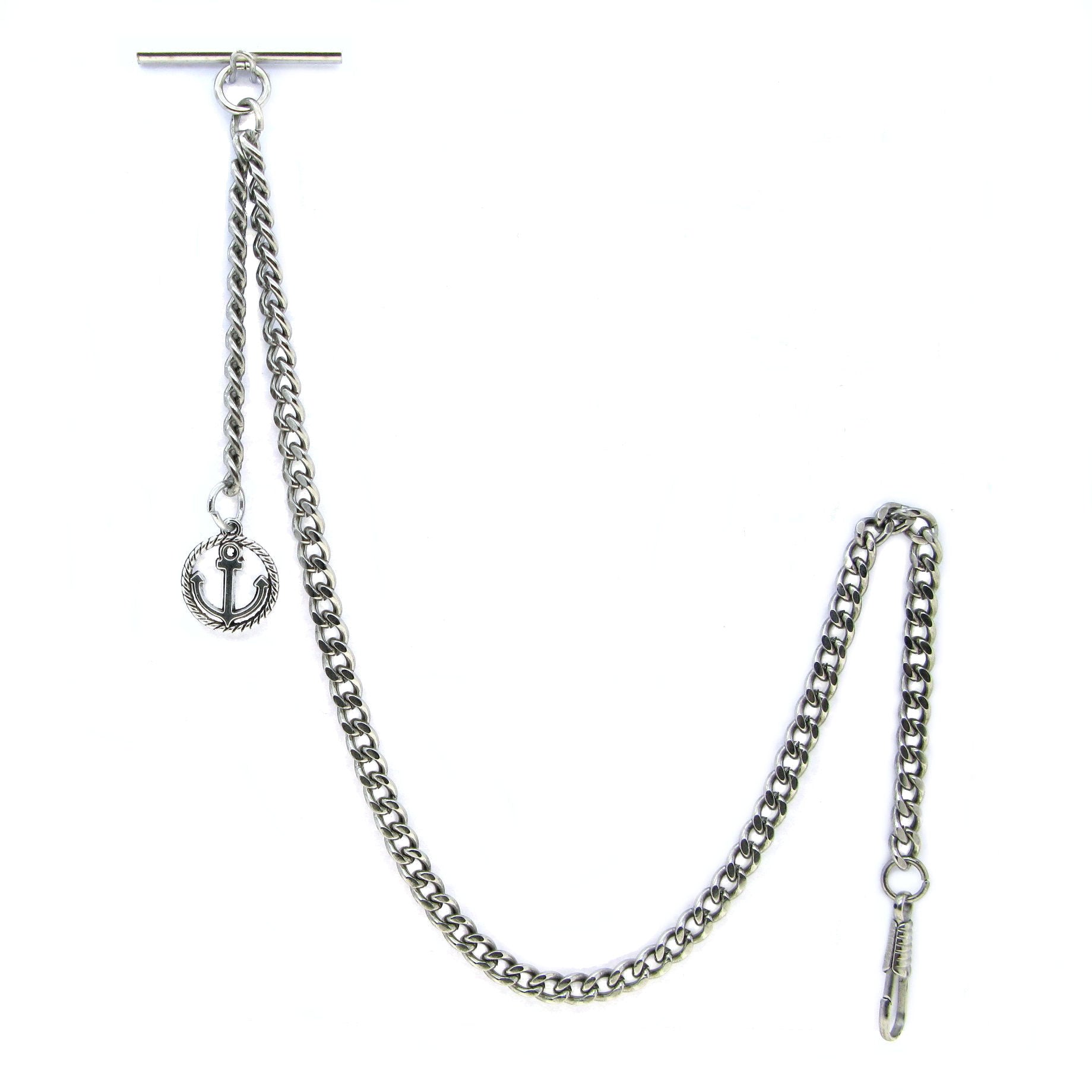 Albert Chain Silver Color Pocket Watch Chains Vest Chain for Men with Anchor Medal Design Fob T Bar AC67