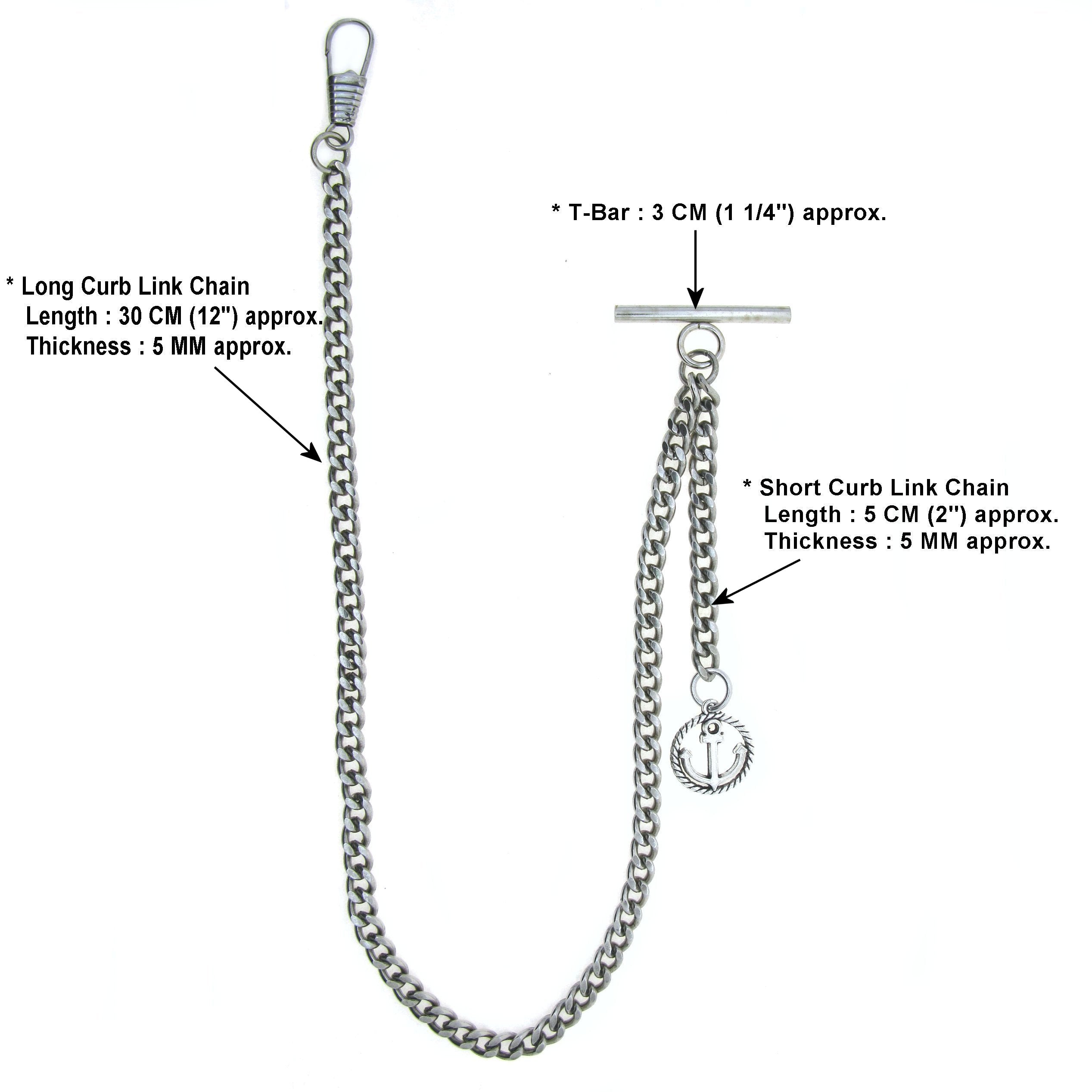 Albert Chain Silver Color Pocket Watch Chains Vest Chain for Men with Anchor Medal Design Fob T Bar AC67