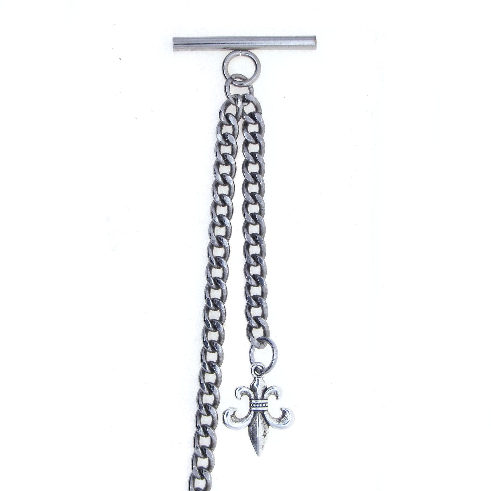 Albert Chain Silver Color Pocket Watch Chains Vest Chain for Men with Fleur-de-Lis Design Fob T Bar AC68