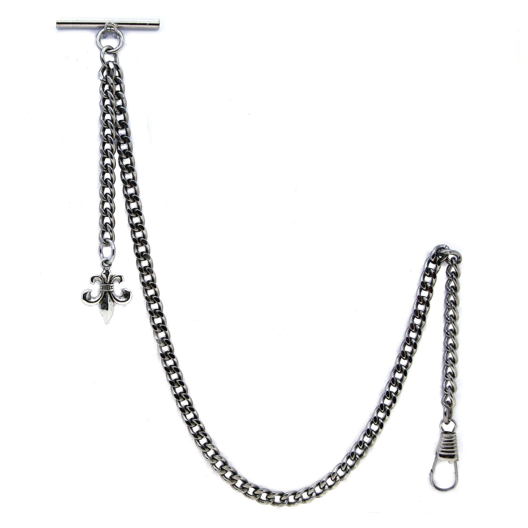 Albert Chain Silver Color Pocket Watch Chains Vest Chain for Men with Fleur-de-Lis Design Fob T Bar AC68